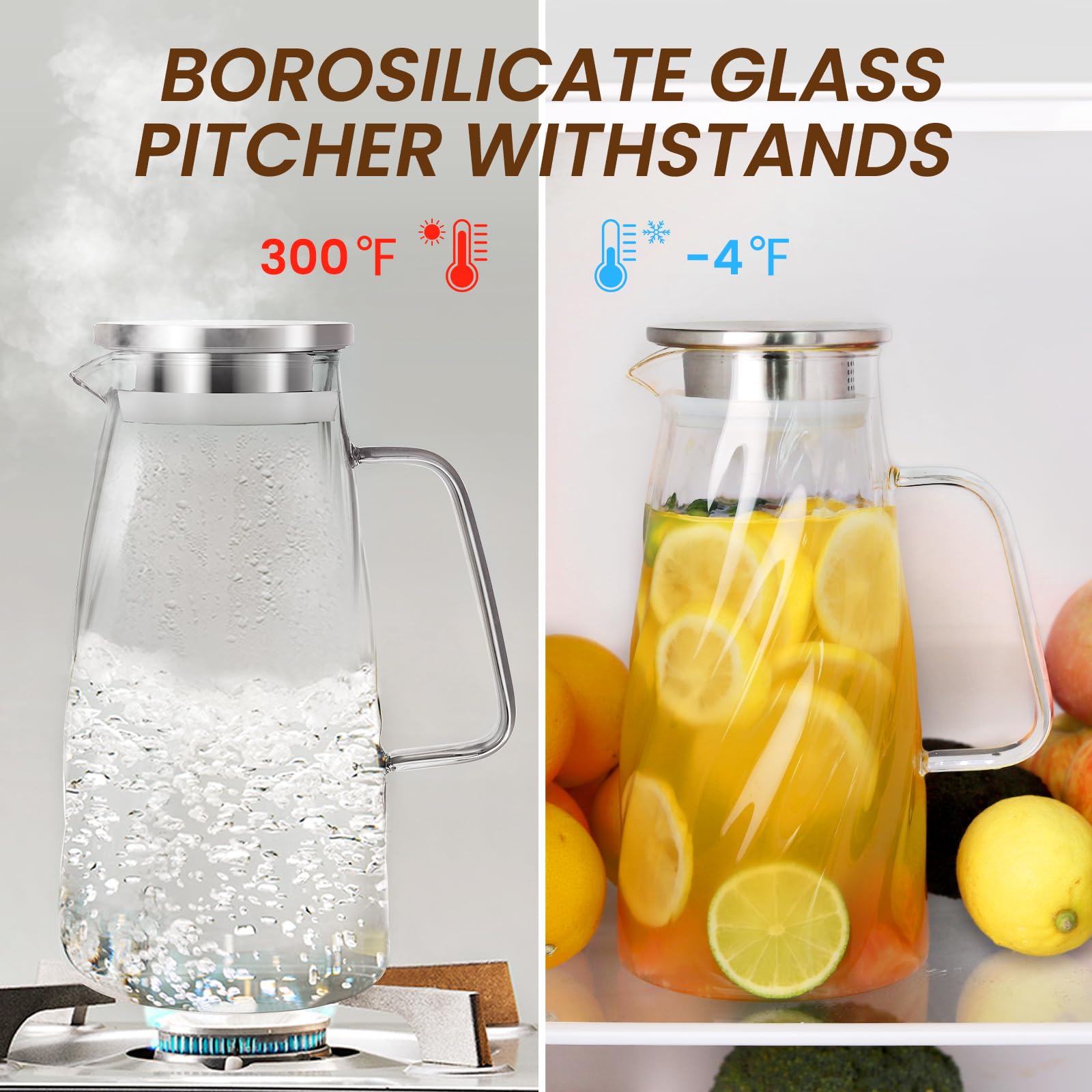 VEVOK CHEF 57 oz Glass Pitcher with Lid - 1.7L Iced Tea & Sun Tea Pitcher - BPA-Free Beverage Carafe for Hot/Cold Drinks, Juice, Milk, Water - Perfect for Refrigerator, Parties, and Outdoor Gatherings