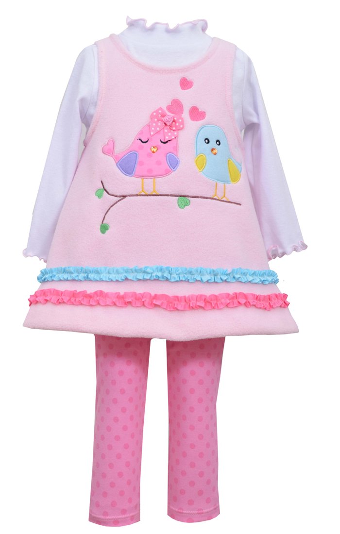 Bonnie Jean Girls' Fleece Lovebirds Jumper Dress with Shirt & Leggings Set, Pink, 0-3M to 24M - Soft Winter Outfit for Baby Girls, Perfect for Family Photos & Holiday Gatherings