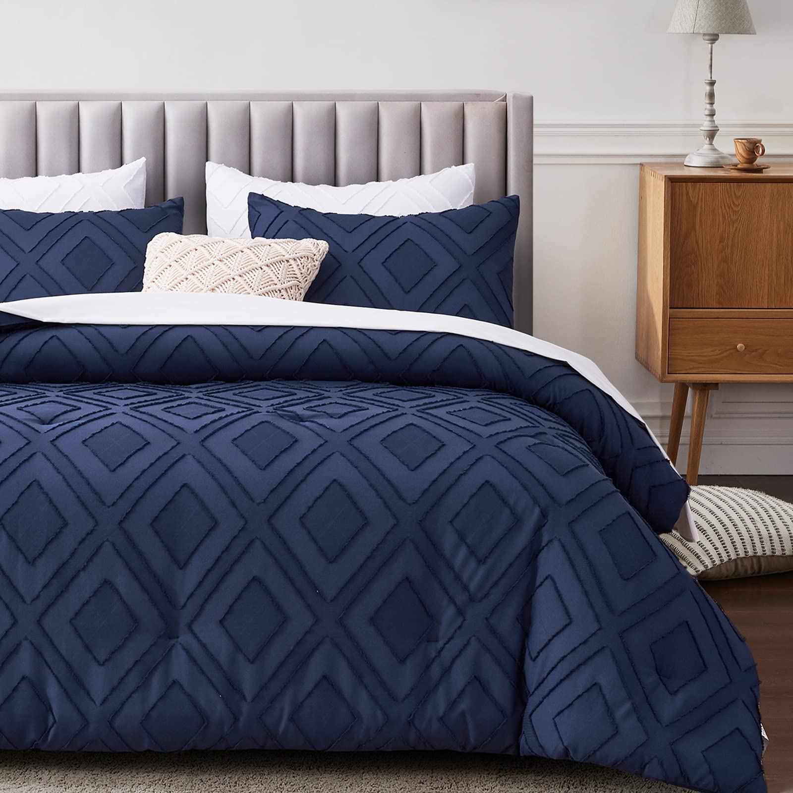 Boho Twin Comforter Set - Navy Blue Rhombus Tufted Twin Size Comforter with Corner Loops, 3-Piece Embroidery Shabby Chic Bedding Set for All Seasons (Navy Blue, Twin) - Perfect for Teen Rooms, Guest Bedrooms & Cozy Boho Decor