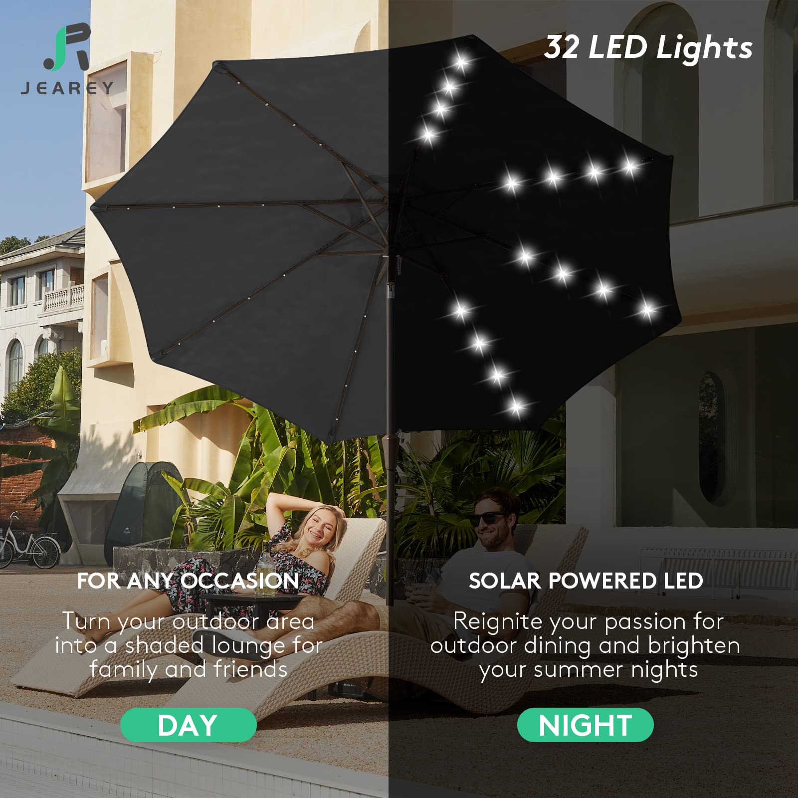 JEAREY 9FT Solar LED Patio Umbrella with Tilt Function - Waterproof Outdoor Table Umbrella for Poolside, Garden, Deck & Backyard (Black) - Perfect for Summer Parties, Beach Lounging & Outdoor Dining