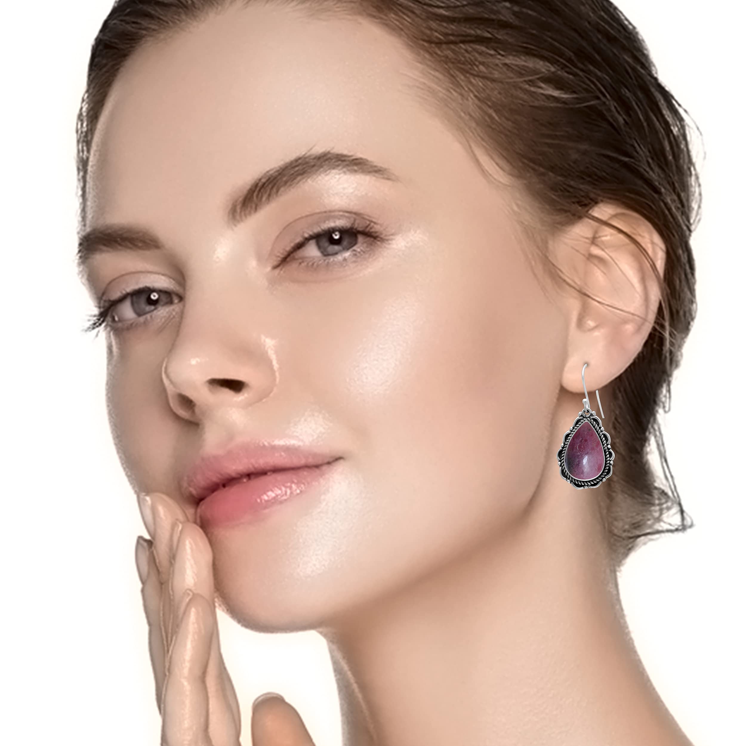 Veracity Jewelry Rhodonite Earrings for Women - 925 Sterling Silver Dangle Earrings with Pink Red Gemstone - Handmade Rose Quartz Jewelry - Perfect for Valentine's Day Gifts, Anniversary Presents & Everyday Wear (VSE-167)