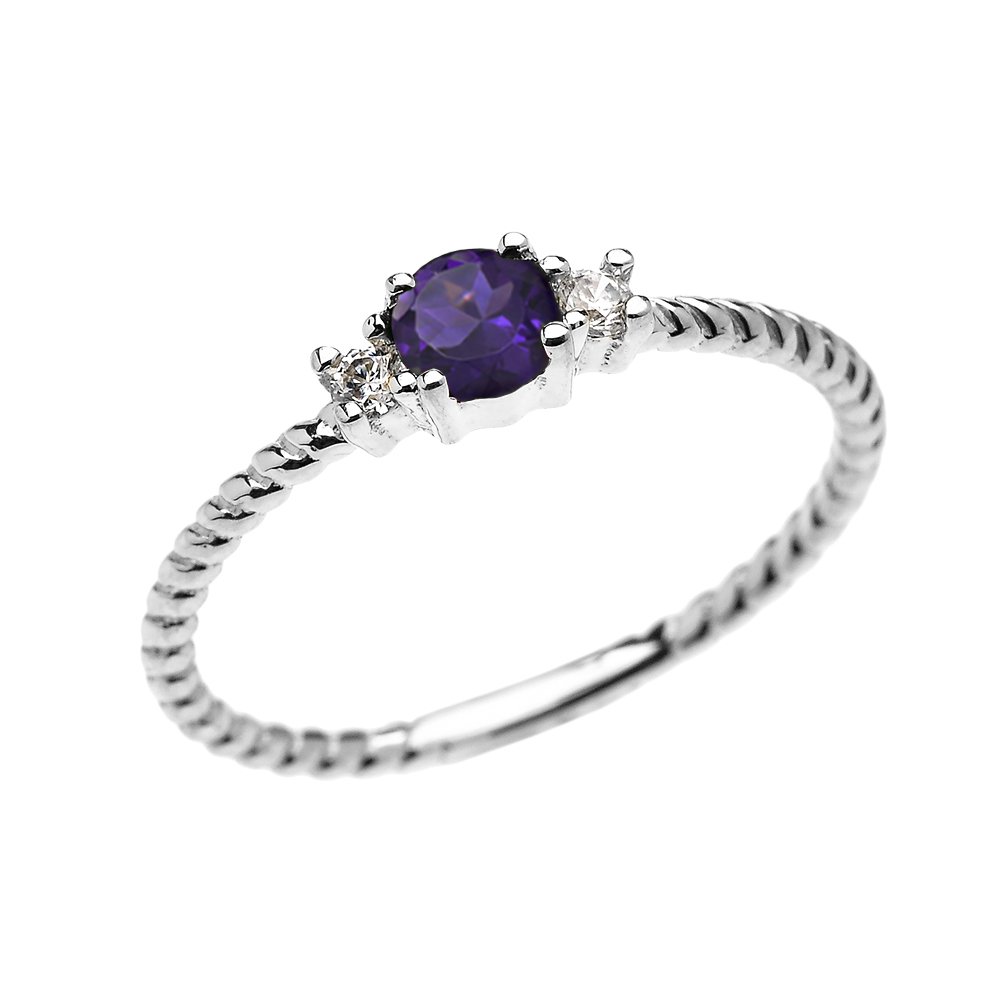 14K White Gold Solitaire Amethyst & White Topaz Rope Design Stackable Ring for Women - Elegant Proposal, Engagement, Anniversary, or Everyday Wear Jewelry Gift