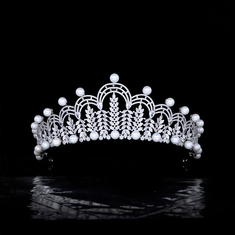 Big Cubic Zirconia Princess Tiara with Pearls - Elegant Bridal Headpiece Accessory for Weddings, Prom & Pageants | TR00168