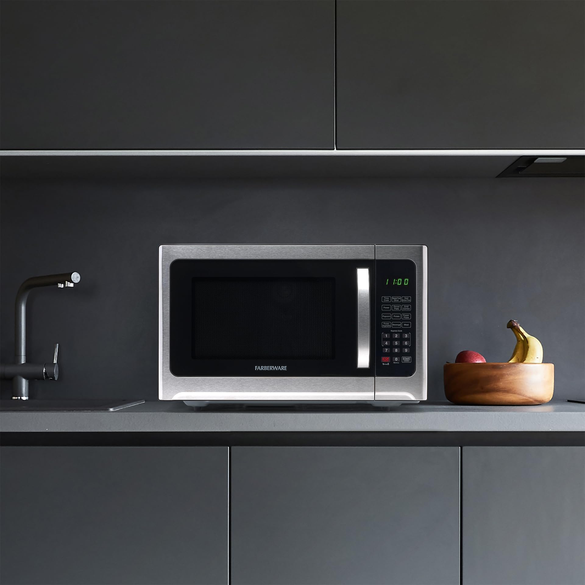 Farberware 1.2 Cu. Ft 1000W Countertop Microwave Oven with LED Lighting, Child Safety Lock & Easy-Clean Gray Interior - Stainless Steel - Perfect for Small Kitchens, Dorms & Office Break Rooms