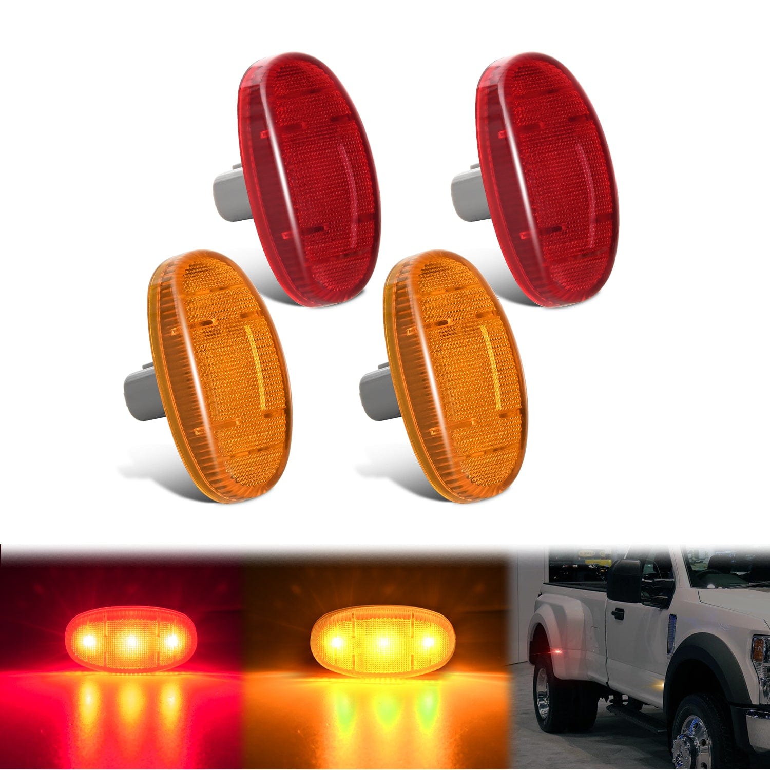 4 PCS 3 LED Red Amber Wheel Fender Side Marker Lights Compatible With 2011-2016 Ford F250 F350 F450 F550 Super Duty Trucks - Durable & Bright for Night Driving & Off-Road Adventures
