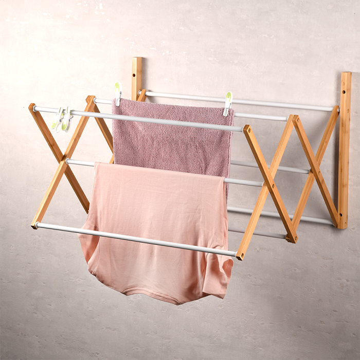 Foldable Wall Mounted Clothes Dryer Rack - Bamboo & Metal Drying Rack for Laundry - Space Saving Clothesline for Apartments, Balconies & Small Spaces