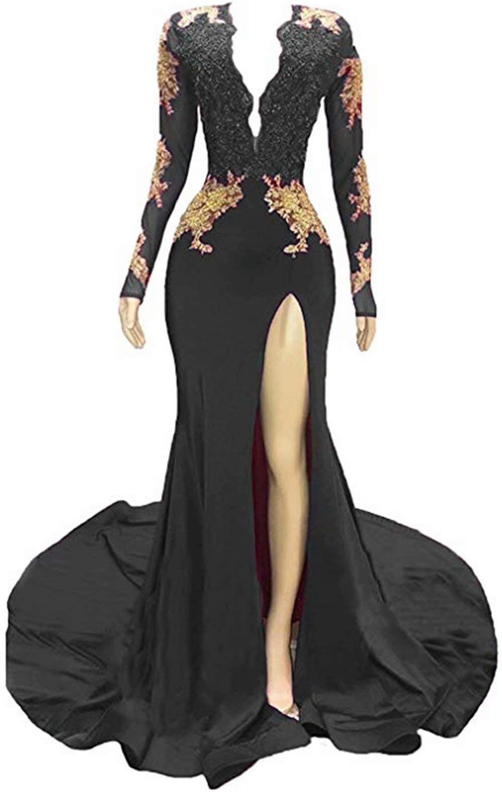 Elegant Mermaid Prom Dresses for Women - Long Sleeve Sexy V-Neck Backless Beaded Lace Evening Gown with High Slit | Perfect for Formal Dances, Weddings & Special Occasions