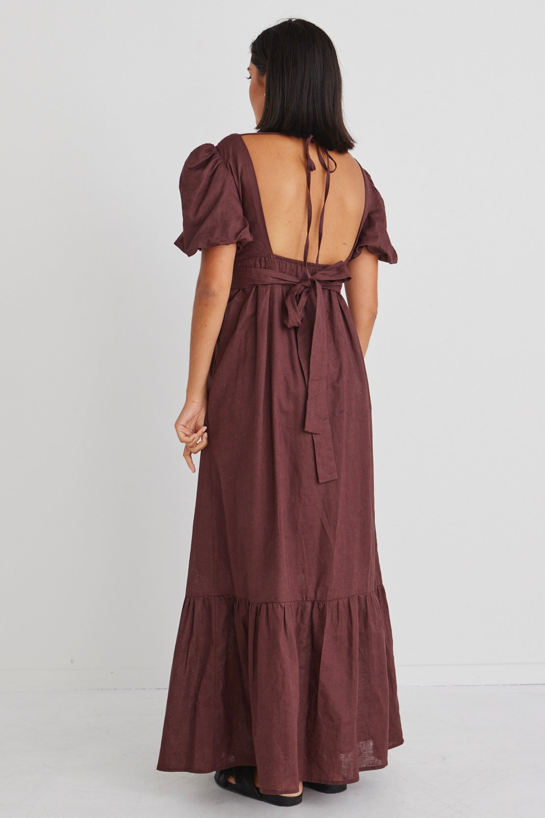 Ever After Raisin Linen Puff Sleeve Maxi Dress - Elegant Bohemian Summer Dress for Women, Beach Wedding & Vacation Outfit