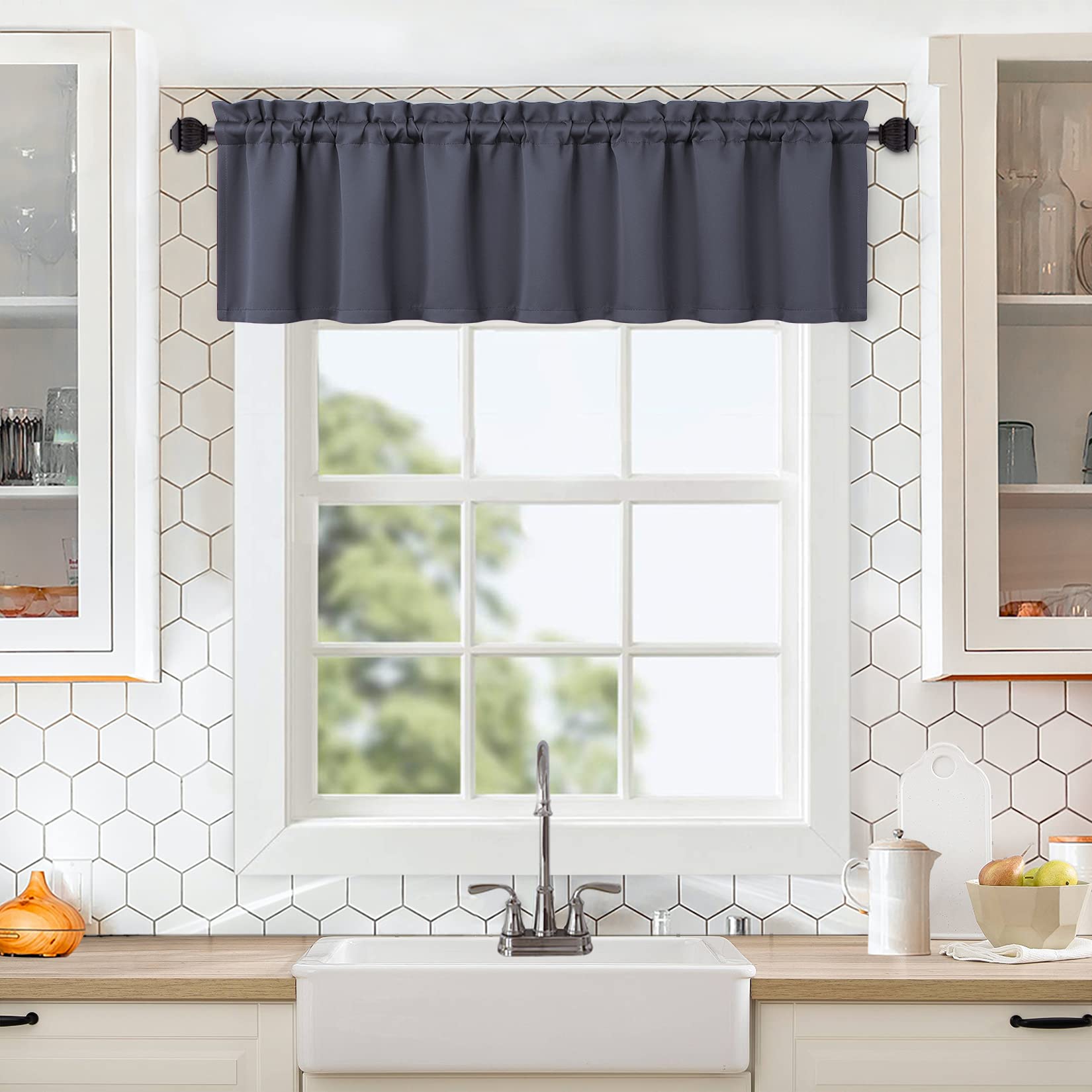 NANAN Gray Blackout Valance Curtains - Thermal Insulated Farmhouse Style for Kitchen & Bathroom Windows, 52x15 Inch, Perfect for Home Decor and Light Control