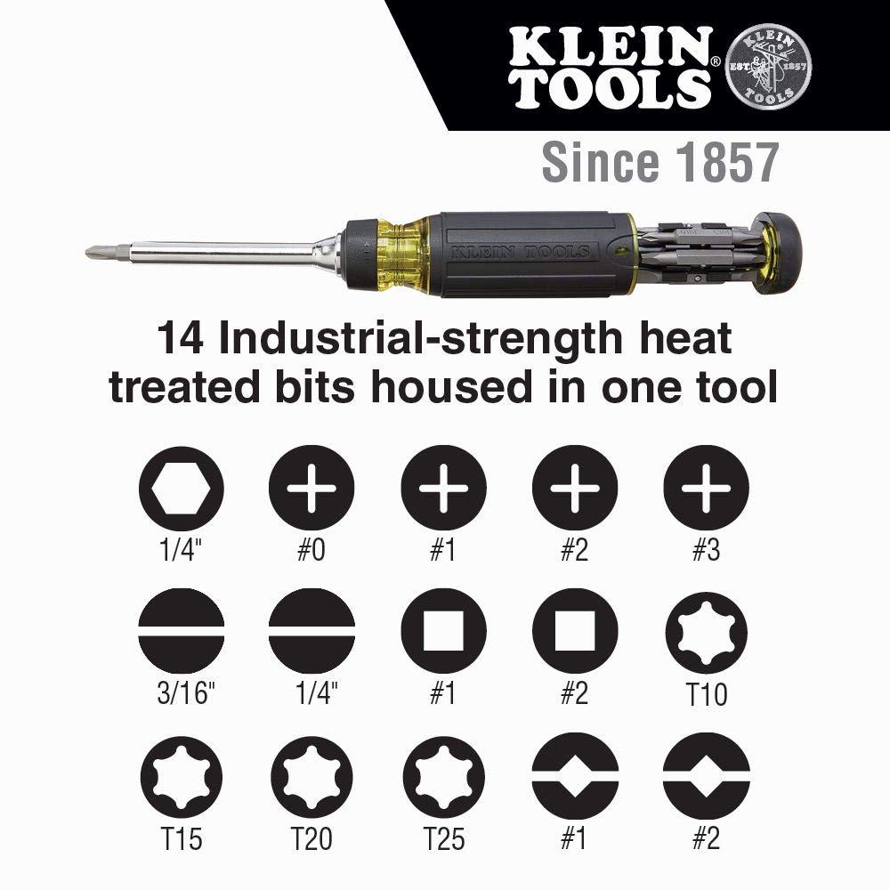 Klein Tools 14-in-1 Multi-Bit Ratcheting Screwdriver with 32303 Impact Rated Screwdriver/Nut Driver | Phillips, Slotted, Square, Torx Bits | Industrial-Strength Cushion-Grip Handle | Perfect for Home Repairs, DIY Projects & Professional Construction Work