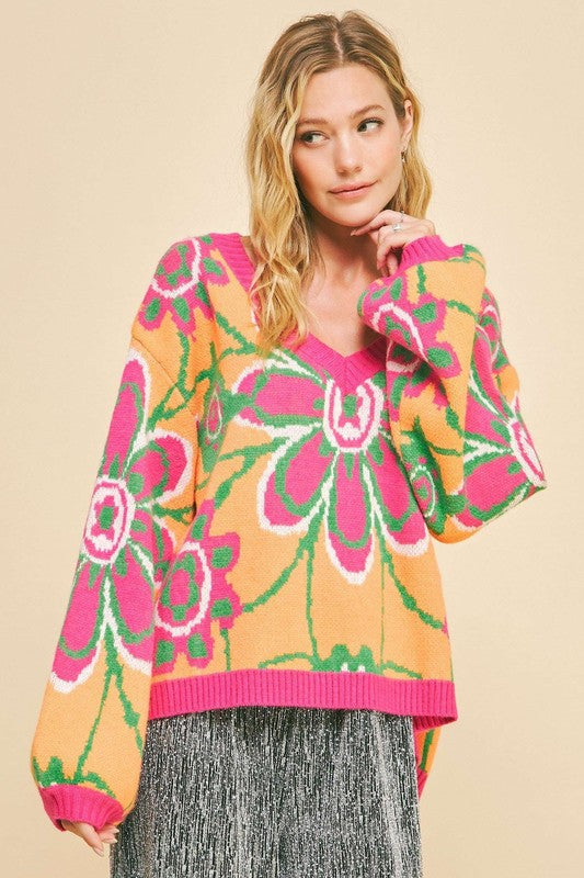 Floral Oversized Shoulder Sweater for Women - Cozy Knit Pullover with Long Sleeves - Perfect for Fall Outfits, Casual Wear & Boho Fashion