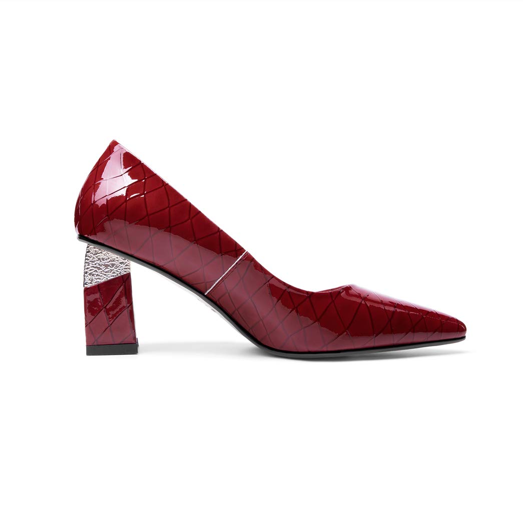 TinaCus Women's Glossy Patent Leather Pointed Toe Pumps - Chunky Mid Heel Slip On Dress Shoes with Elegant Pattern for Office, Party & Special Occasions
