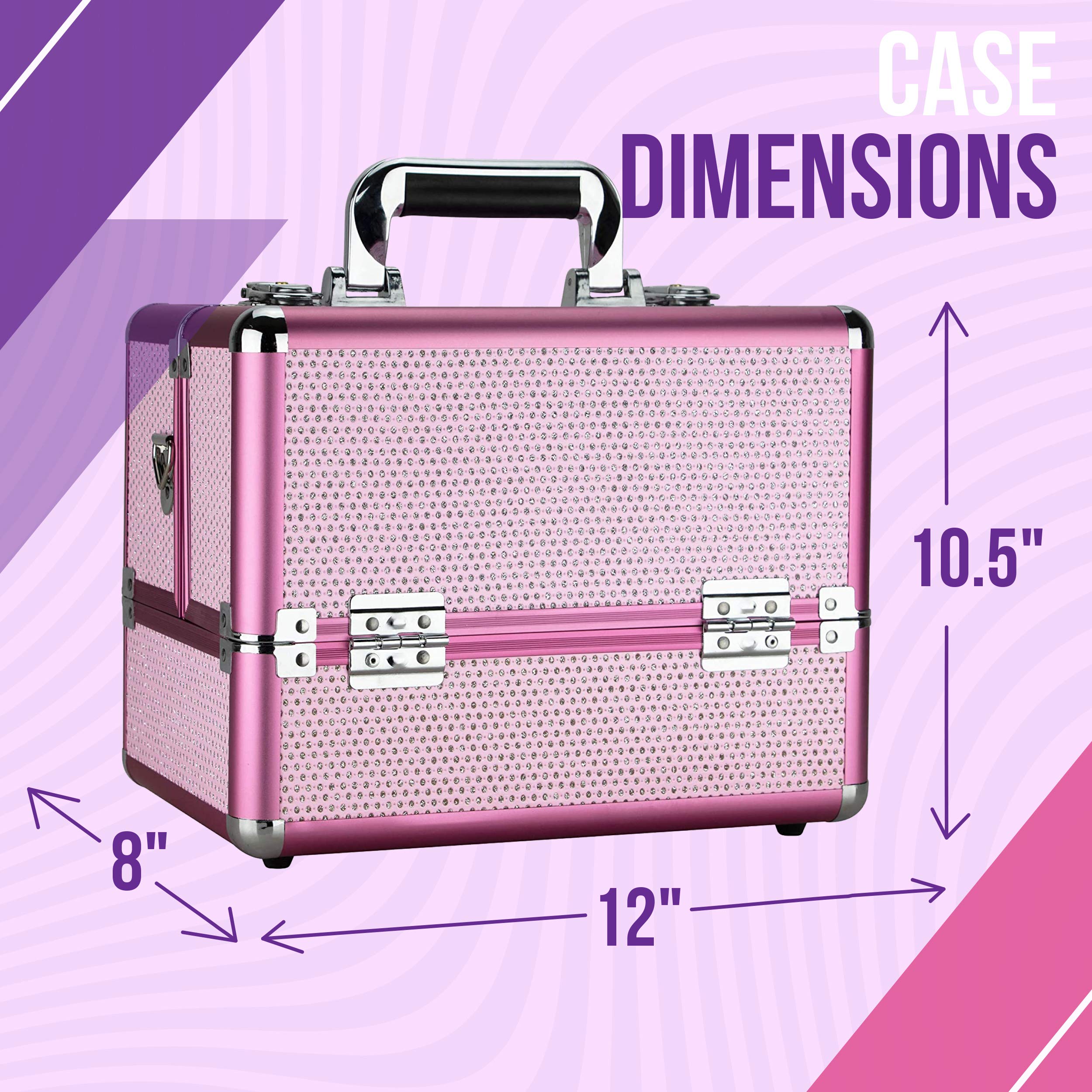Ver Beauty Professional Makeup Case - 2 Tier Extendable Travel Makeup Organizer with Heavy Duty Construction, Pink Krystal Cosmetic Bag (VP009-43) | Perfect for Makeup Artists, Travel & Salon Storage