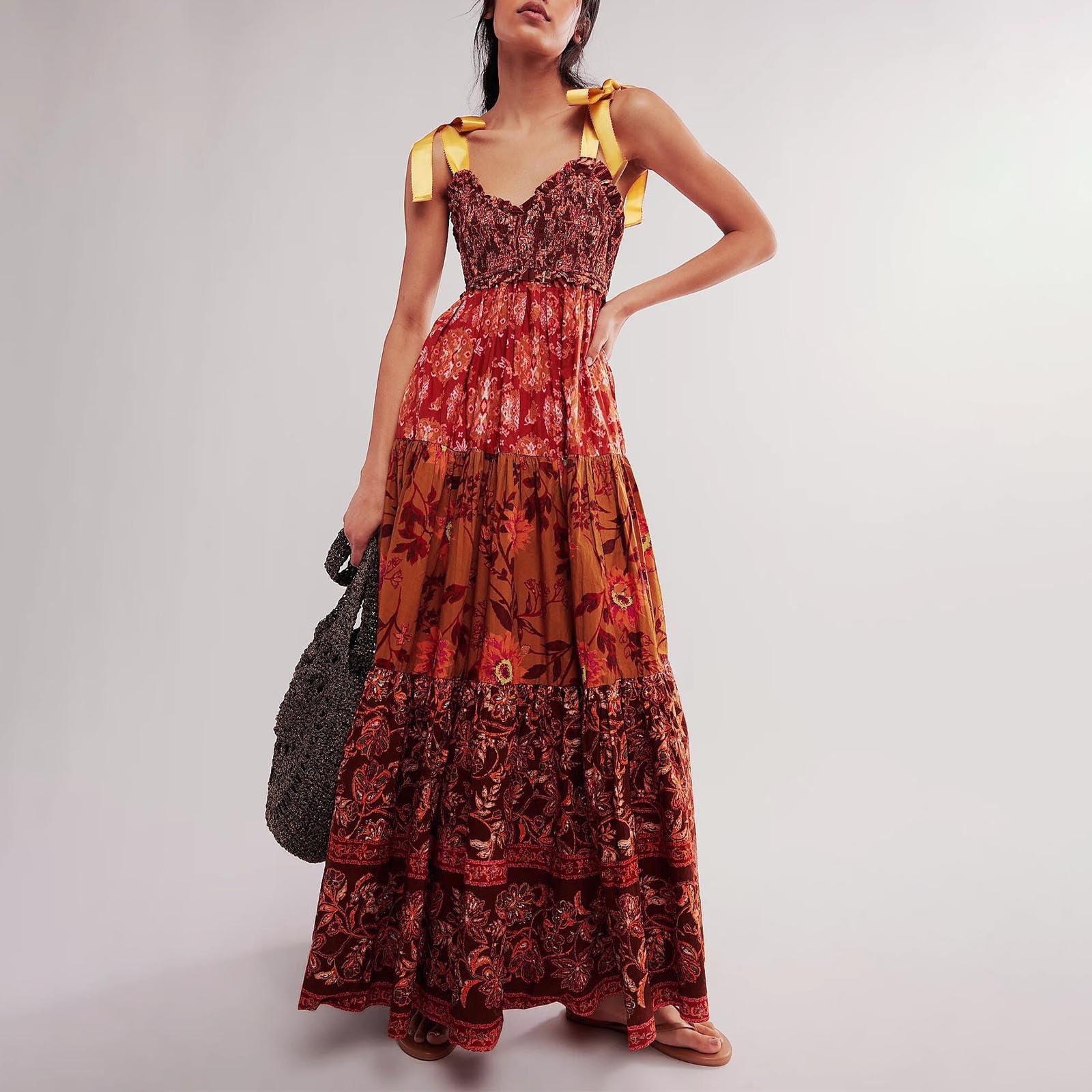 2024 Women's Summer Maxi Dresses - Floral Tiered Flowy Boho Beach Dress with Adjustable Straps | Perfect for Vacation, Beach Getaways & Casual Outings