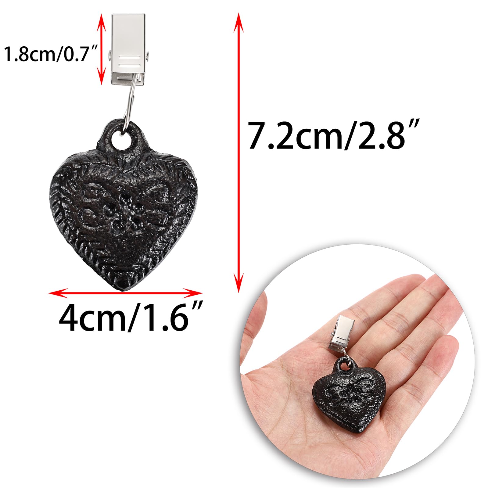 Heavy Duty Set of 4 Cast Iron Heart Shaped Tablecloth Weights - Windproof Outdoor Flag & Curtain Clips, Black Metal Garden Patio Picnic Accessories for Securing Table Covers, Blankets & Decorations
