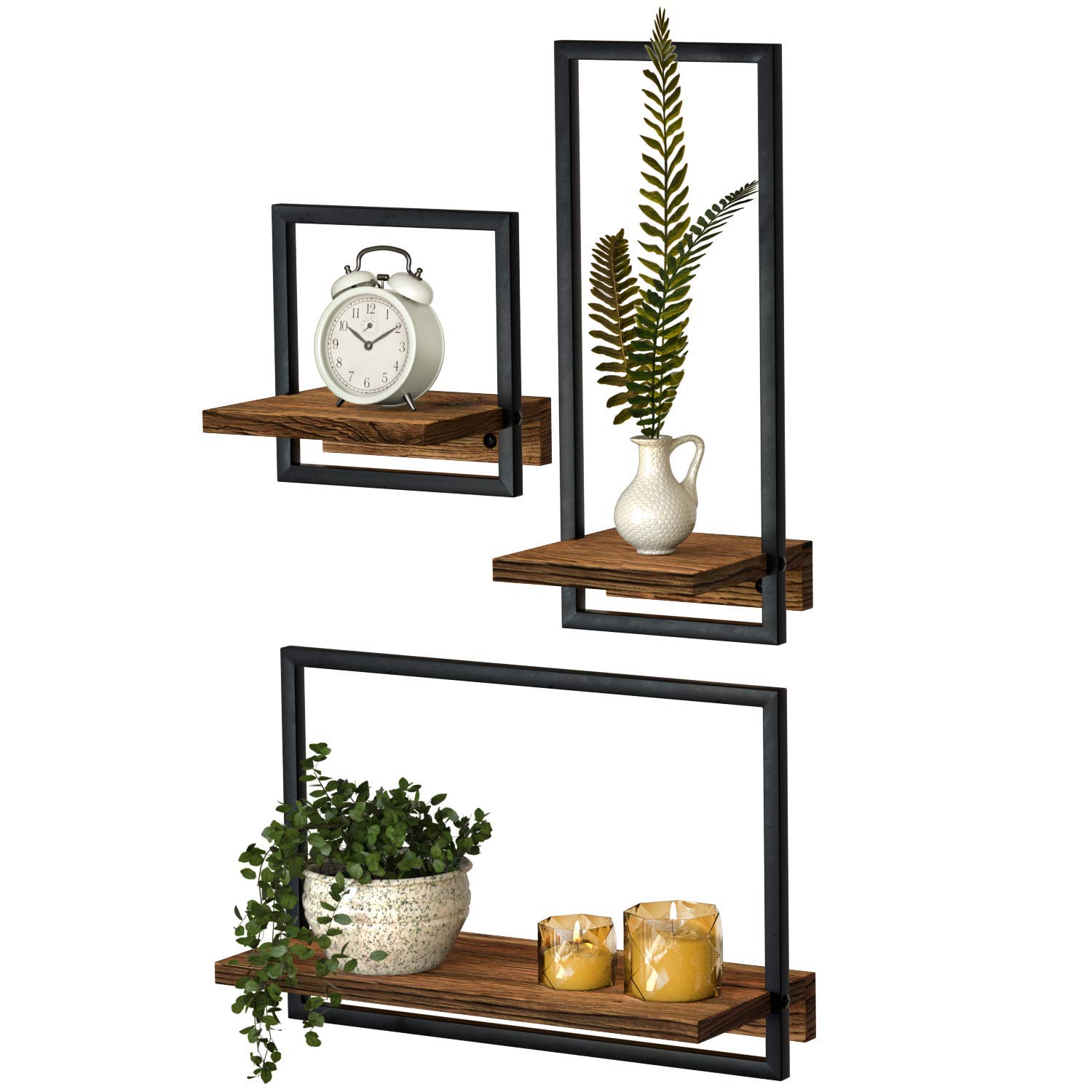 Rustic Wooden Floating Shelves with Metal Frame - Set of 3 Wall Mounted Display Shelves for Home Decor, Living Room, Bedroom, Office & Bathroom Organization - Perfect for Books, Plants, Photos and Decorative Items