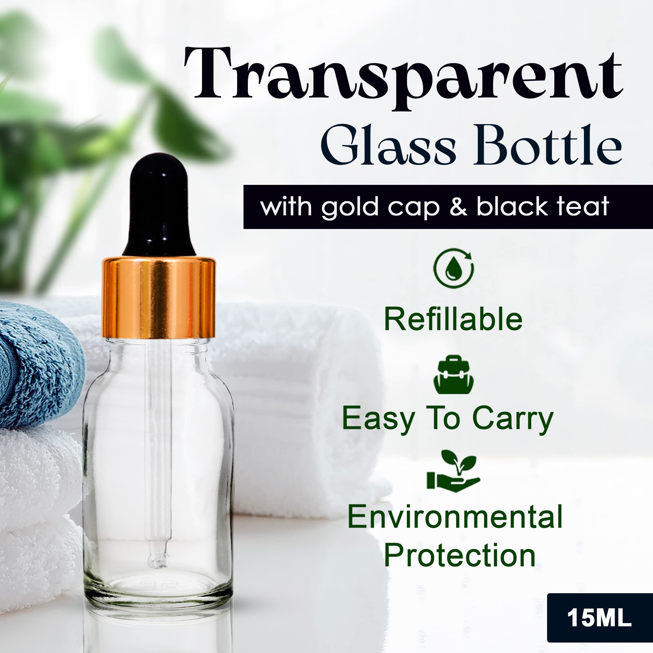 NSB Herbals 15ml Clear Round Empty Glass Bottle with Glass Dropper, Golden Ring & Black Silicone Teat - Refillable for Essential Oils, Perfumes, DIY Beauty (Pack of 3) | Perfect for Aromatherapy, Travel & Home Fragrance