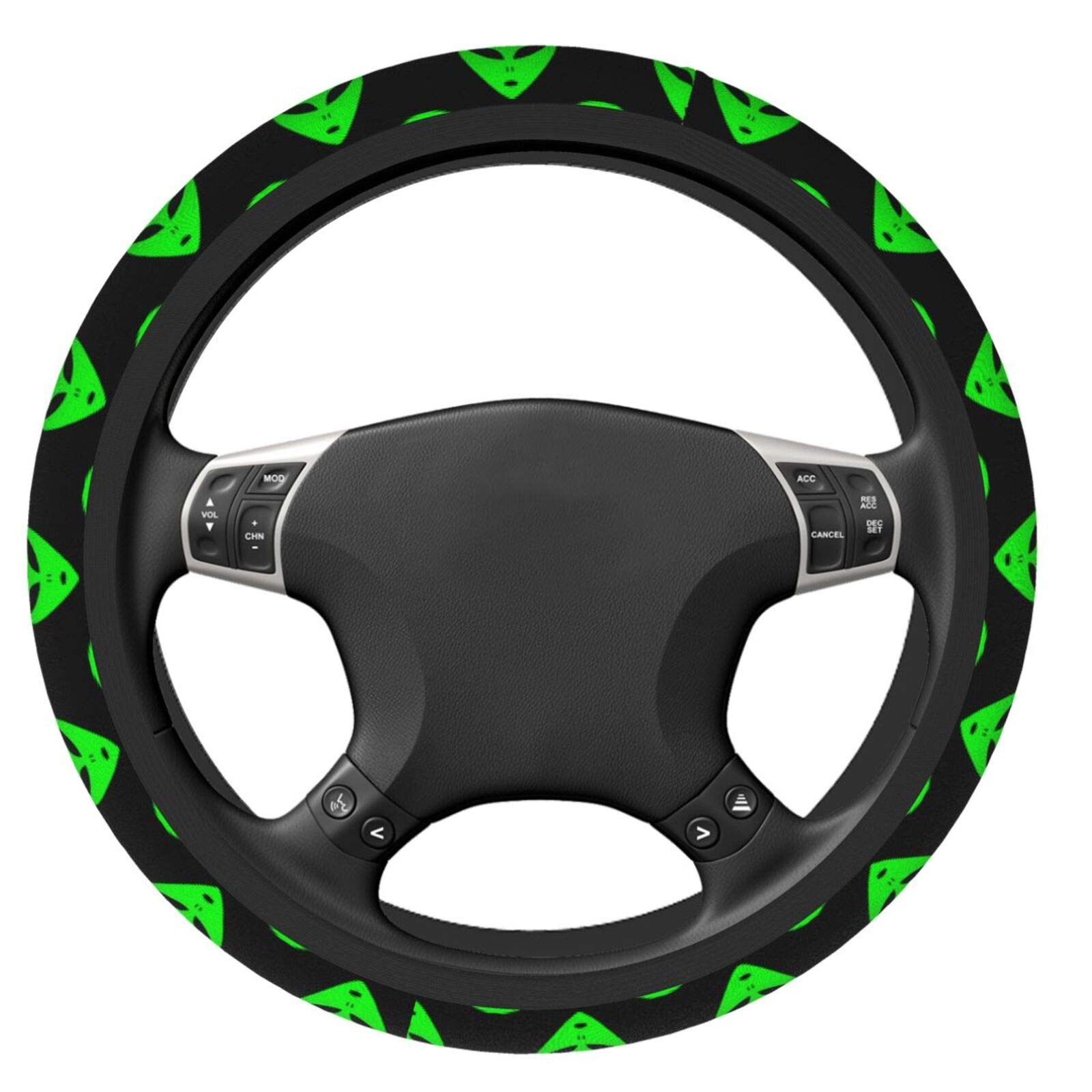 Non-Slip Green Aliens Face Universal Neoprene Steering Wheel Cover - Durable Car Accessory for Safe Driving & Unique Style (Perfect for Cars, Trucks, SUVs - Fun Gift for Alien Fans)