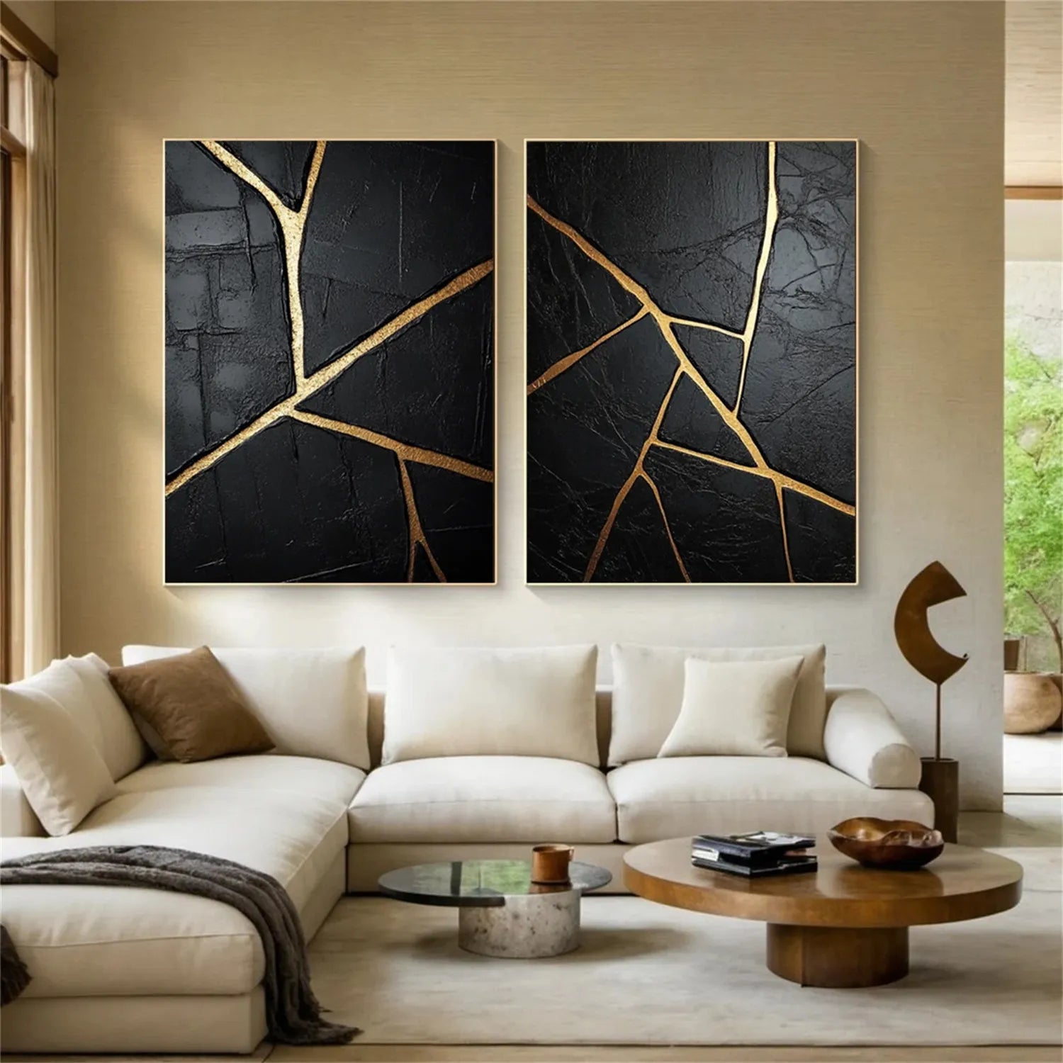 Black Gold Minimalist Textured Wall Art - Set of 2 Modern Abstract Paintings #MZ135 for Living Room, Bedroom & Office Decor