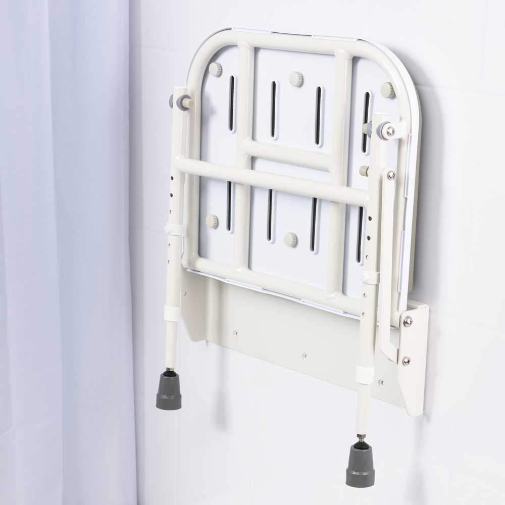 NRS Healthcare Wall Mounted Folding Shower Seat with Padded Seat & Adjustable Legs - Safe Bathroom Shower Chair for Elderly & Disabled - Ideal for Small Spaces & Home Care Use