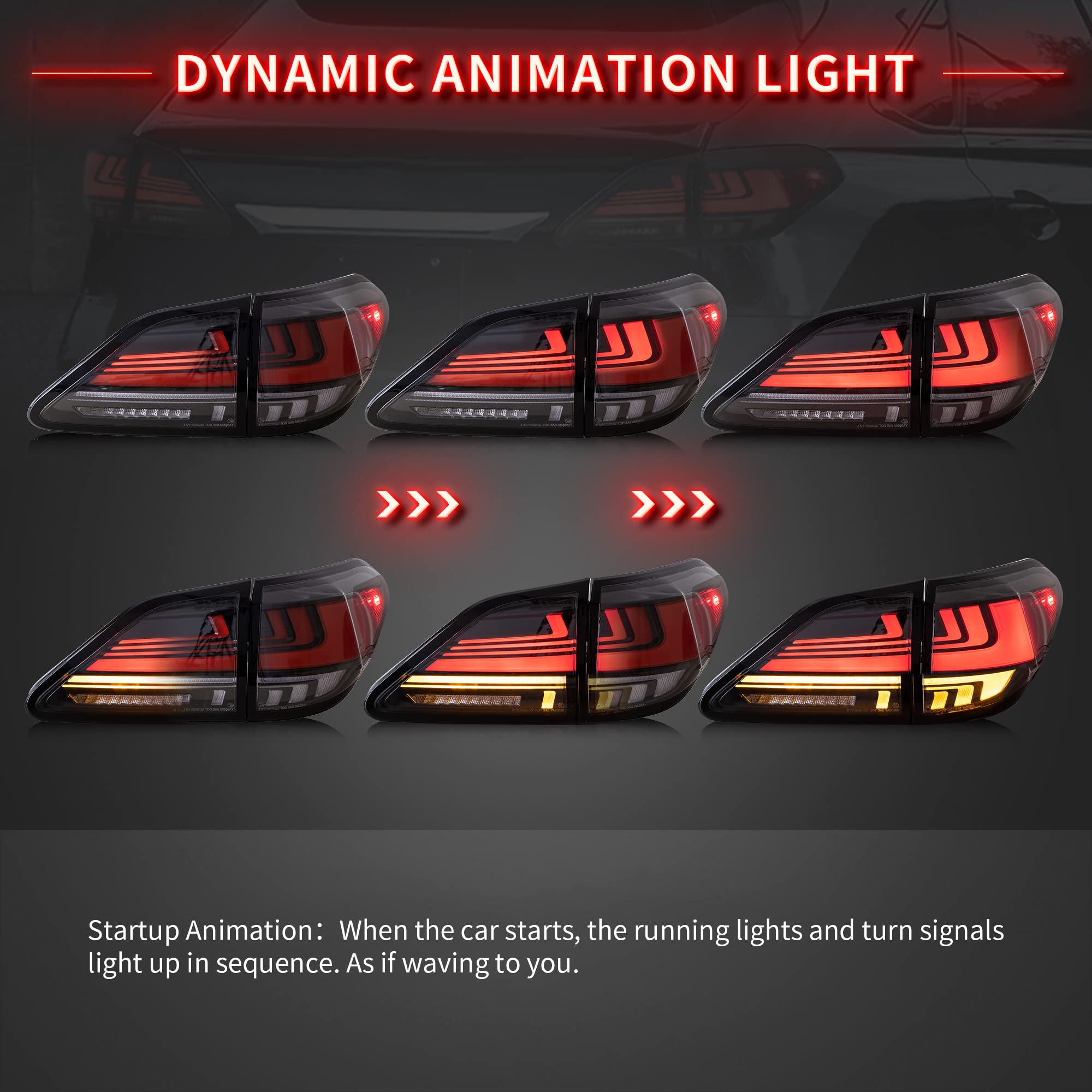 VLAND LED Tail Lights Assembly for 2009-2014 Lexus RX270 RX350 RX450 RX330 RX440H - Dynamic Animation LED Running Lights & Sequential Turn Signals - Red & Smoked (Driver & Passenger Side) - Perfect for Night Driving & Car Customization
