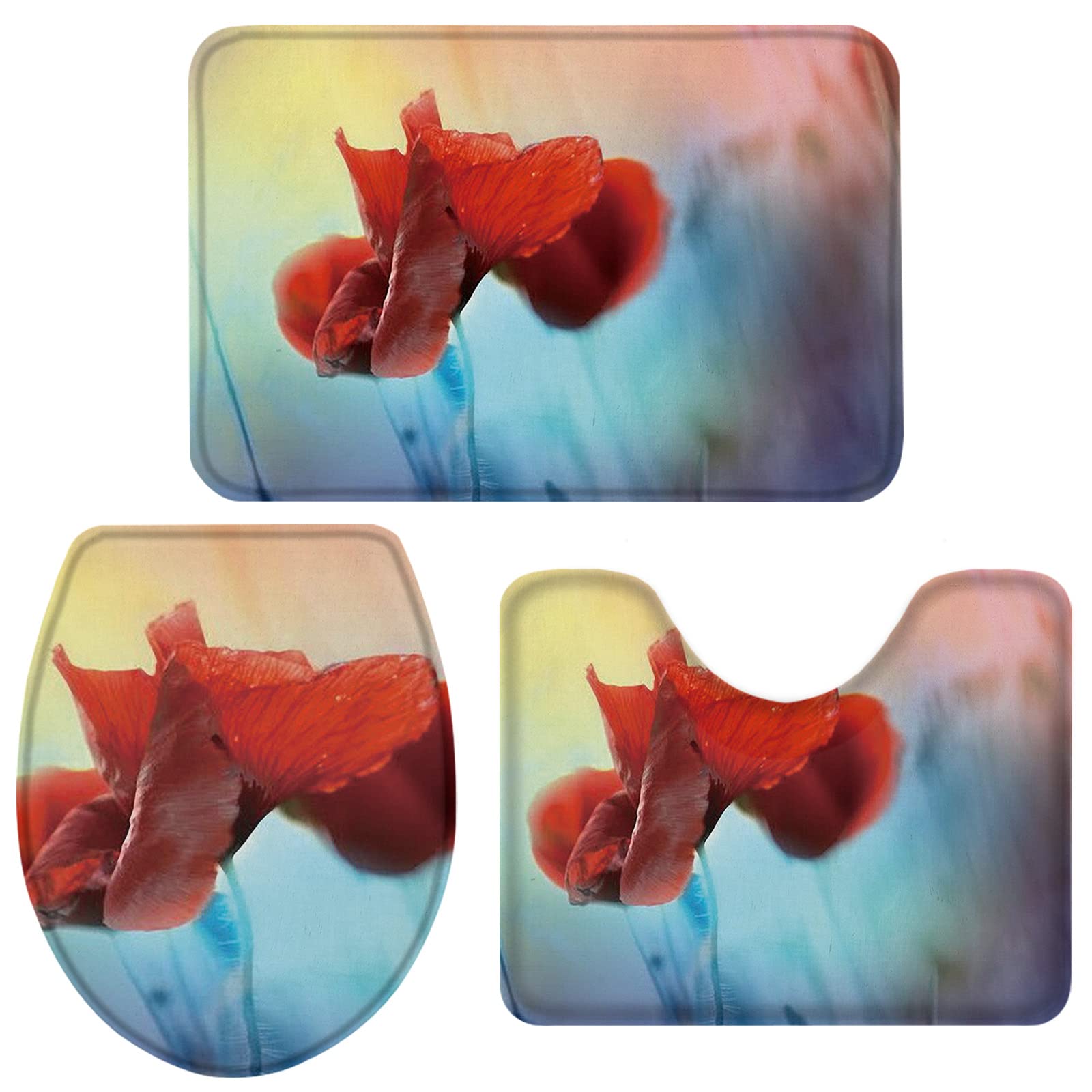 3-Piece Abstract Poppy Flower Bathroom Rug Set - Super Absorbent U-Shaped Toilet Mat, Contour Lid Cover & Bath Mat - Red Floral Decor for Small Bathrooms - Perfect for Modern Home, Apartment & Guest Bathroom Decor