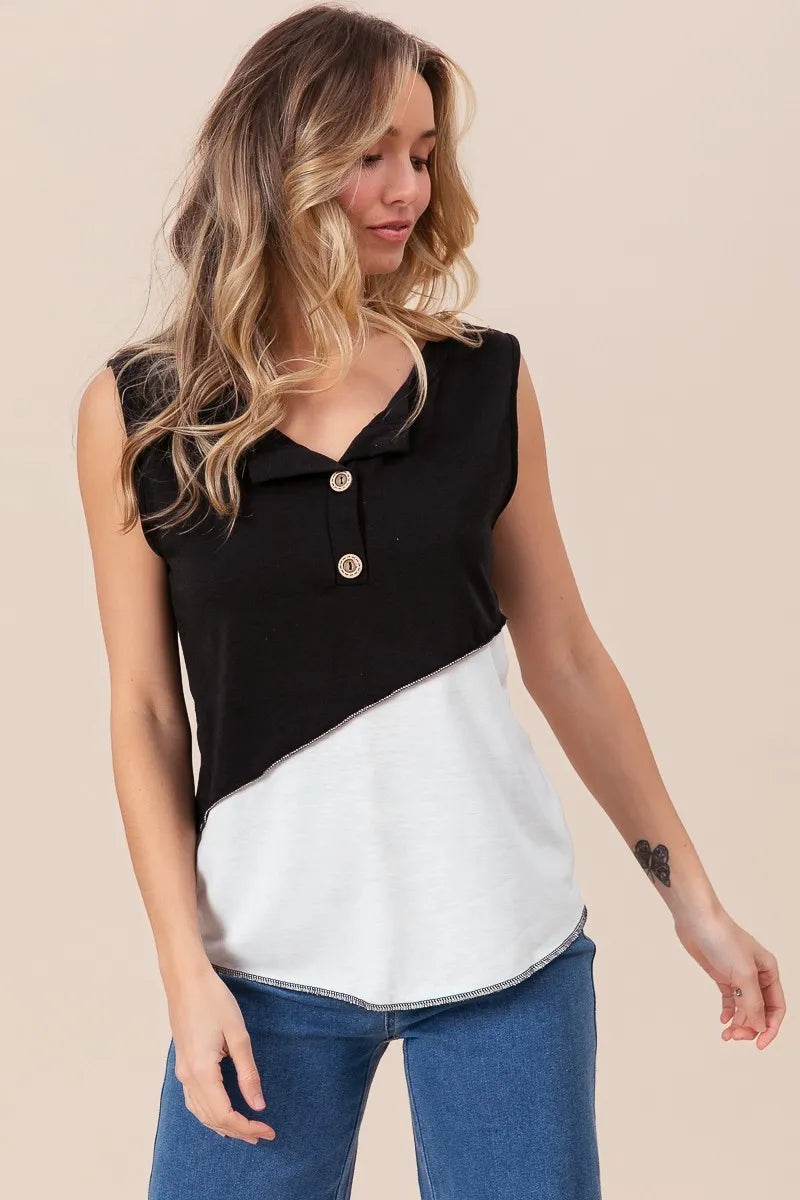 Stylish BiBi Color Block Contrast Stitching Buttoned Henley Top for Women | Trendy Casual & Workwear Blouse | Perfect for Office, Dating & Weekend Outfits