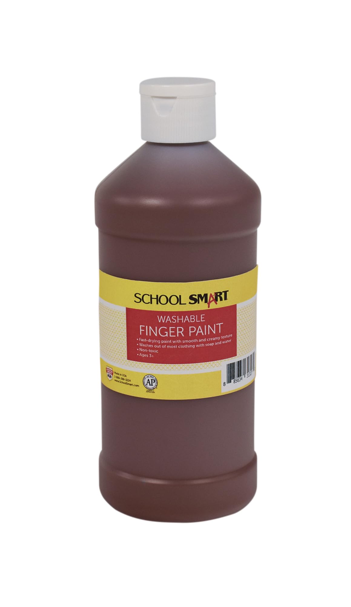 School Smart Washable Finger Paint - Non-Toxic Brown Paint for Kids, 1 Pint Bottle - Perfect for Classroom Art Projects & Home Crafts