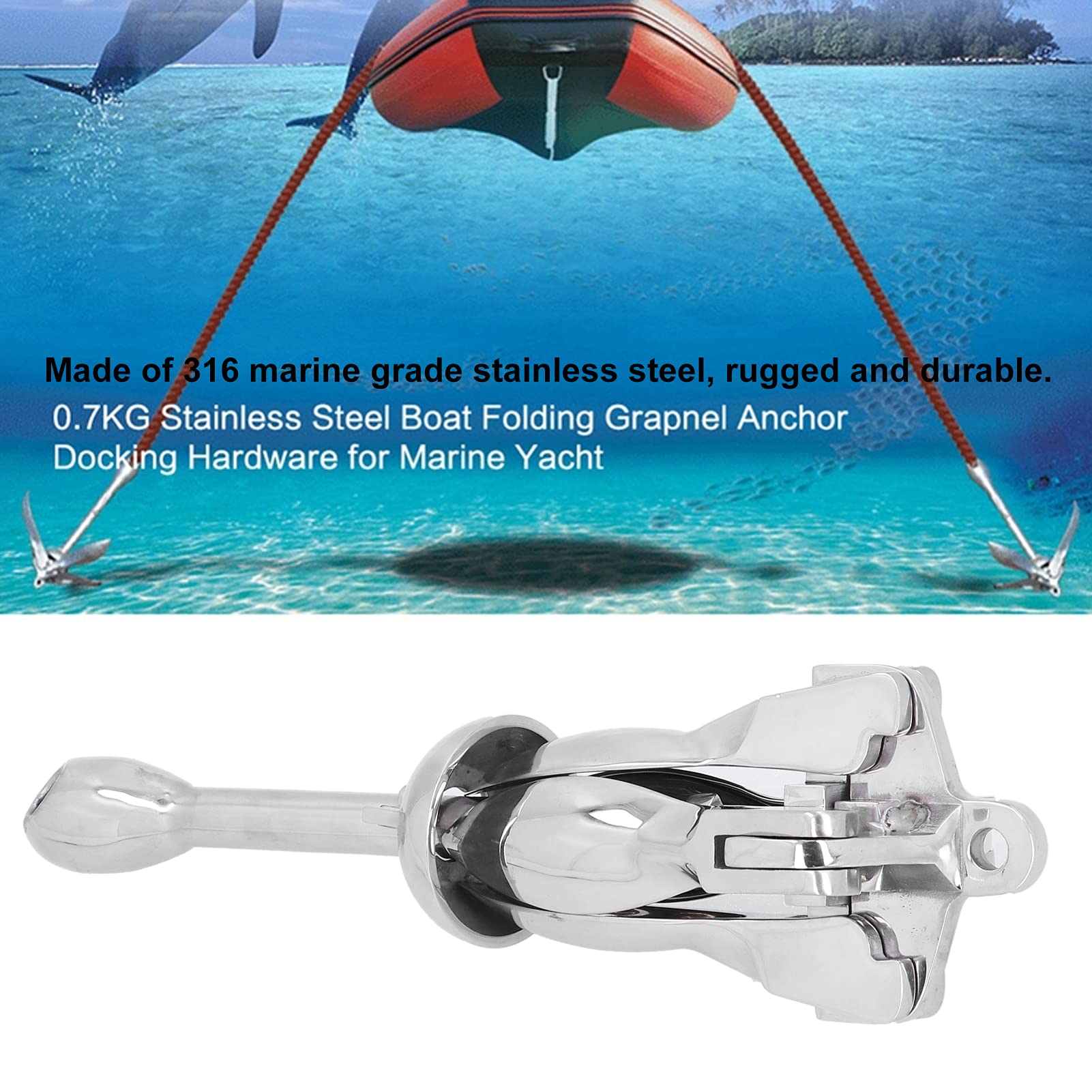 KIMISS 7lbs Foldable Grapnel Boat Anchor - 316 Stainless Steel Marine Hardware for Yachts, Fishing Boats & Small Watercraft | Perfect for Shallow Waters, Kayaking & Dinghy Mooring