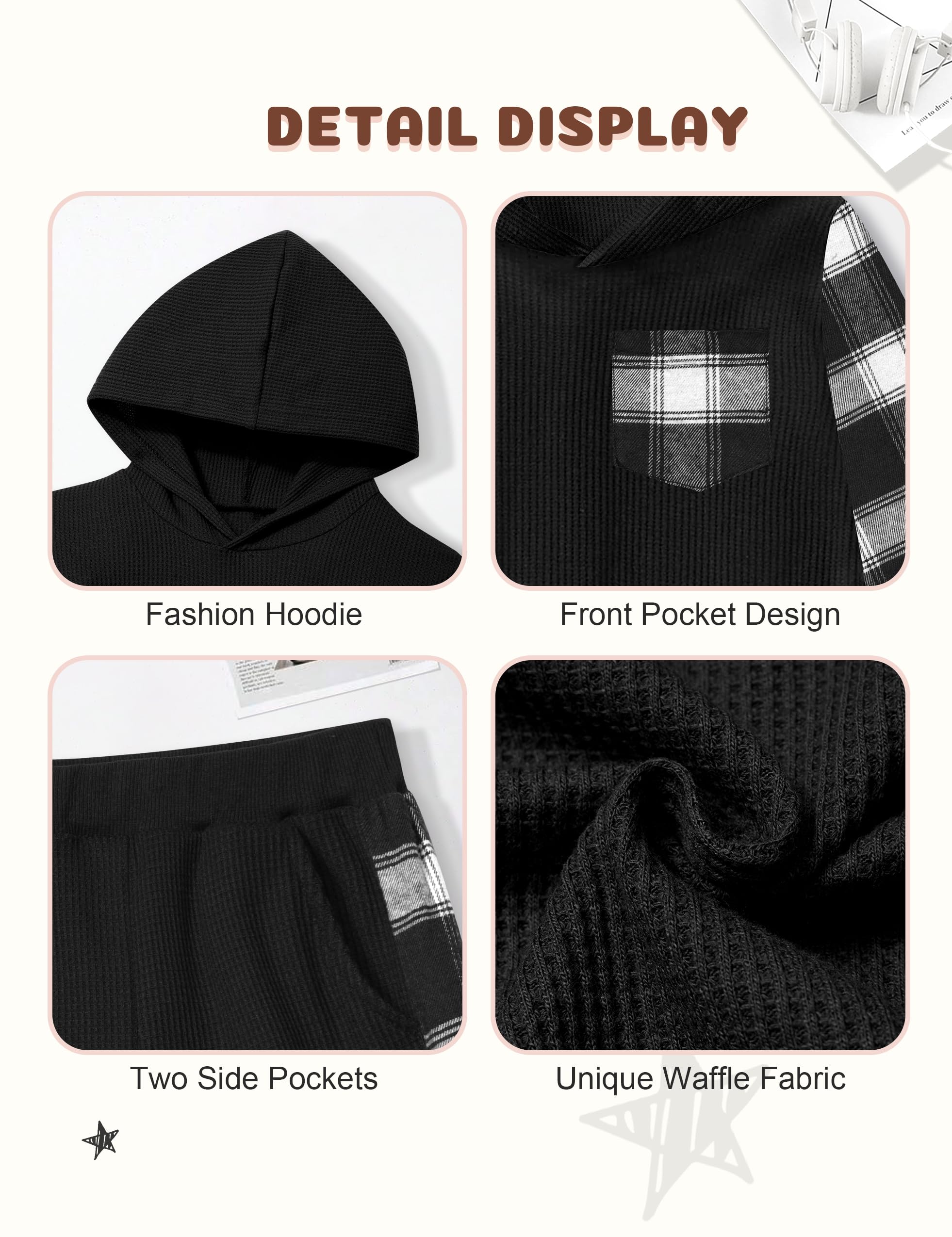 Boys' Waffle Plaid Hoodie & Patchwork Casual Pants 2-Piece Set - Warm Fall Winter Outfits with Pockets for Toddlers | Playdates, Preschool & Outdoor Activities