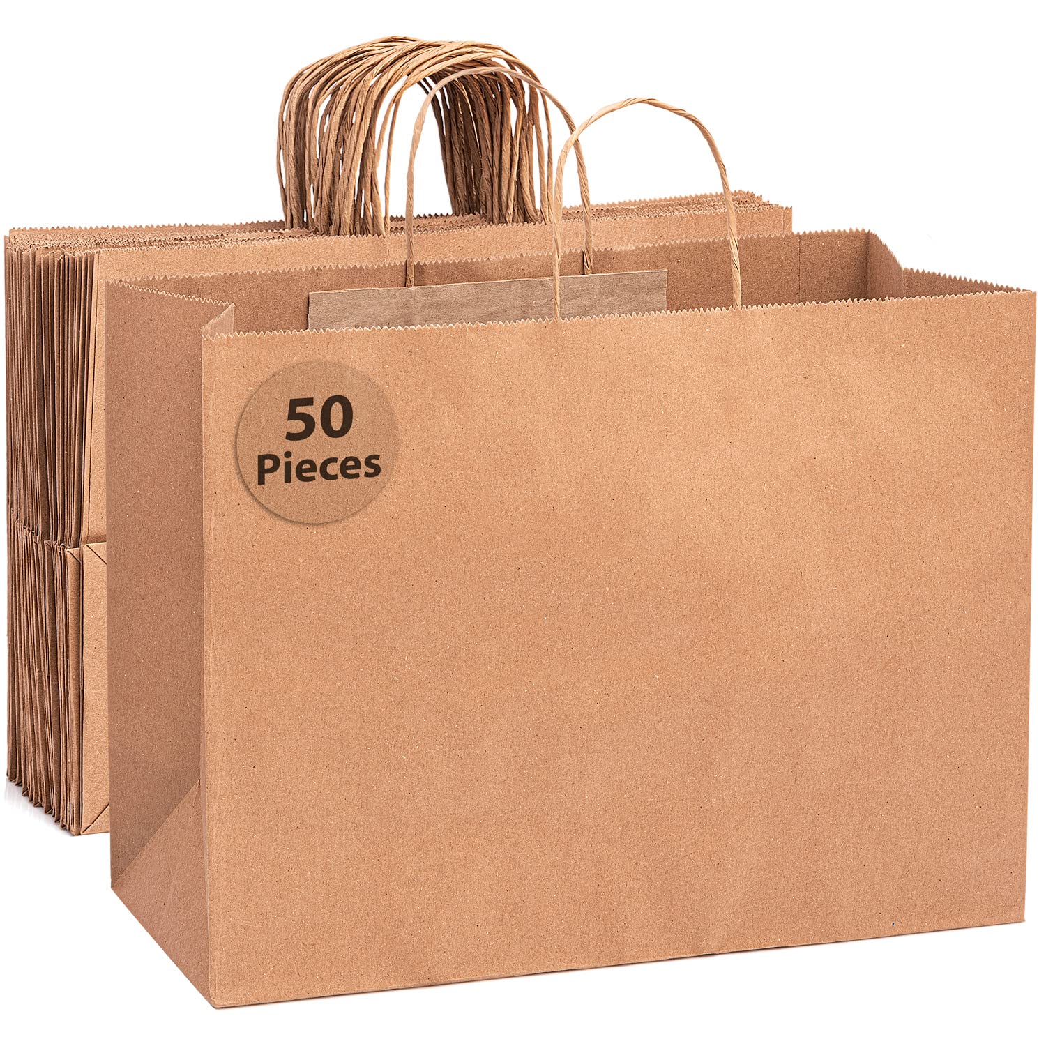 Bilinny 50 Pack Large Brown Paper Bags with Handles - 16x6x12 Inches Eco-Friendly Shopping Bags for Grocery, Retail, Gift Wrapping & Parties
