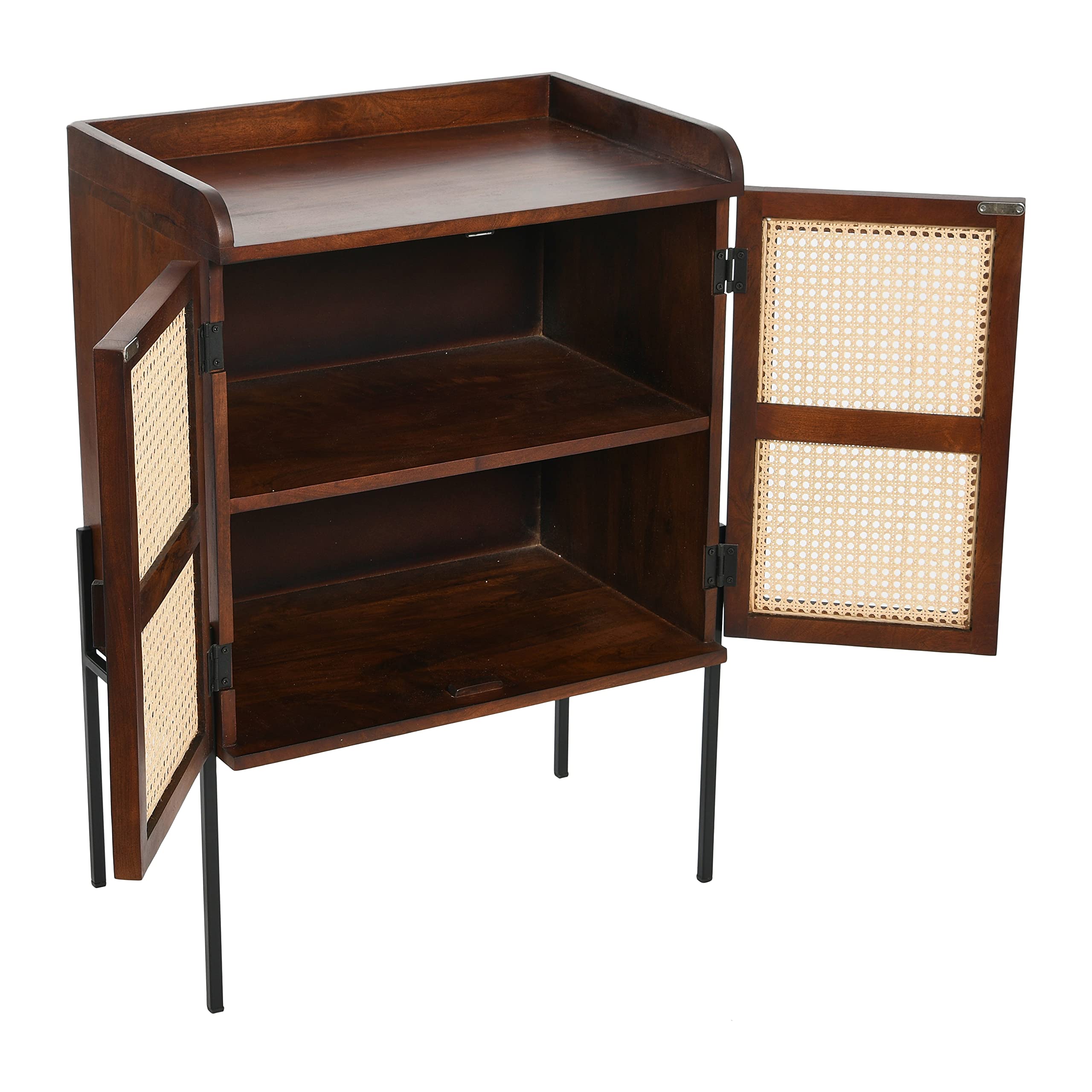 Creative Co-Op Modern Walnut Wood & Metal Bar Cabinet with Cane Panels - Perfect for Home Bar, Dining Room & Living Room Storage