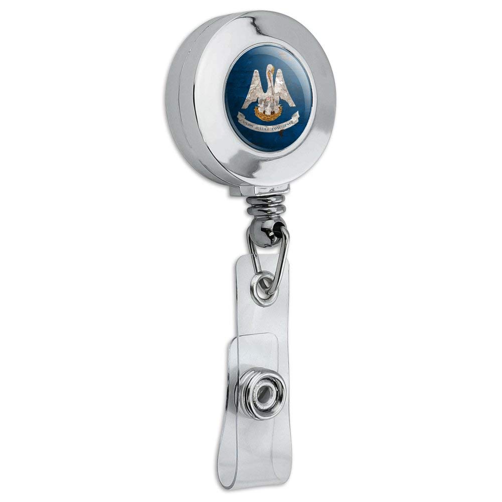 Vintage Rustic Louisiana State Flag Distressed USA Retractable ID Badge Reel - Chrome Metal Card Holder Clip for Nurses, Teachers, Security & Office Professionals