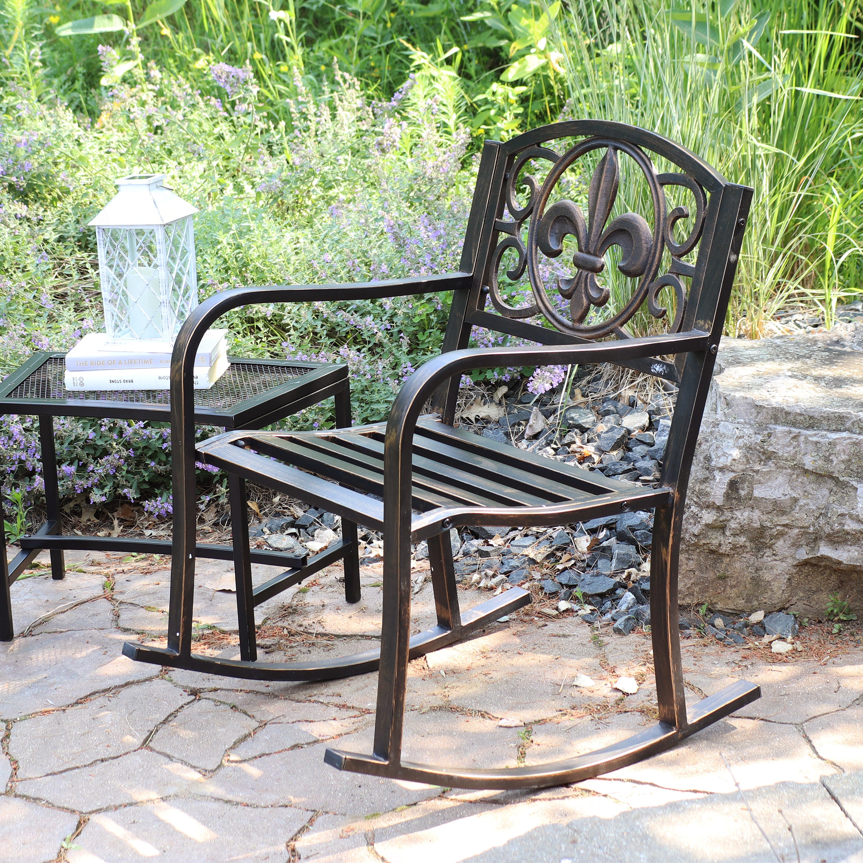 Sunnydaze Cast Iron and Steel Outdoor Rocking Chair with Fleur de Lis Design - Perfect for Garden, Patio, Porch & Backyard Relaxation