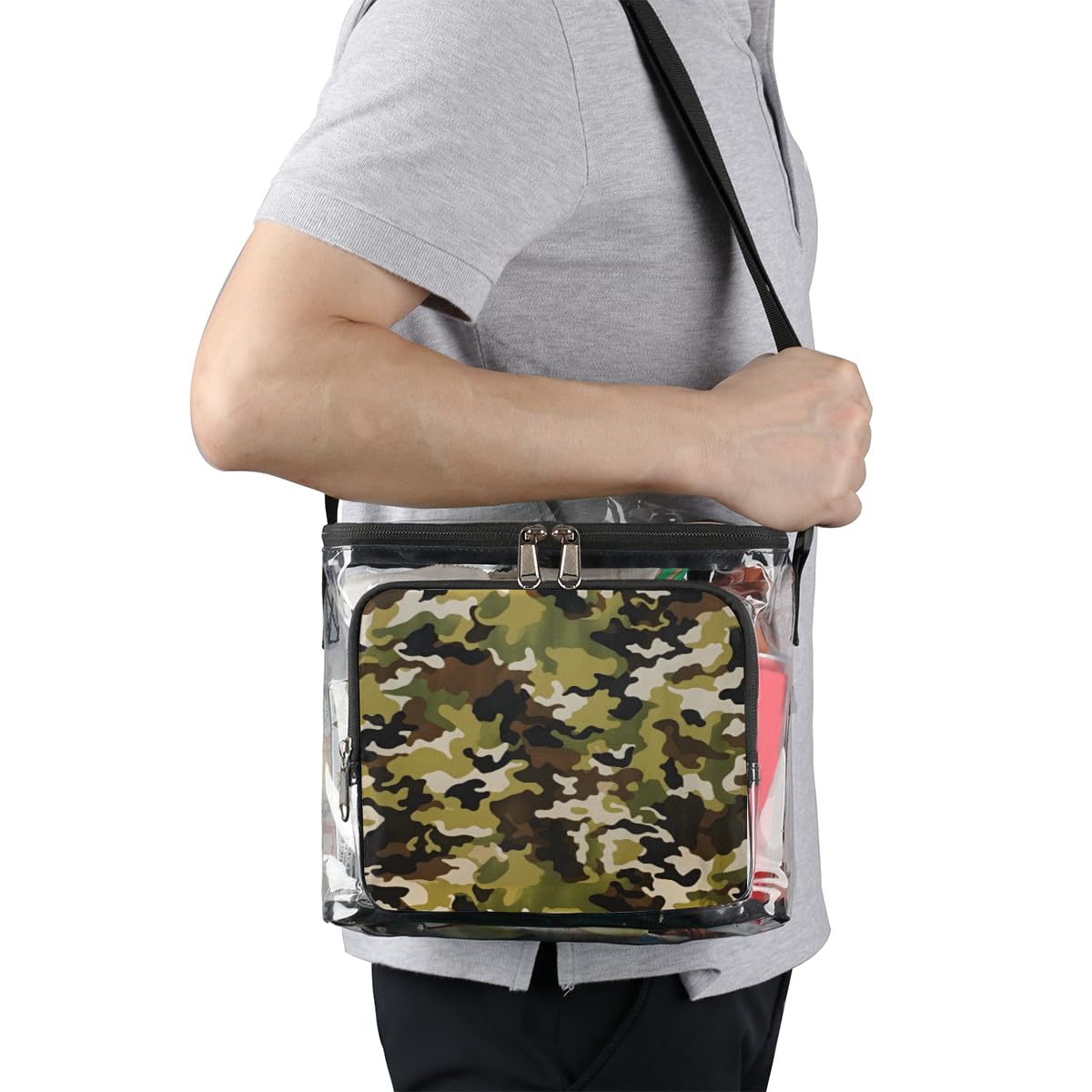 Military Camo Clear Tote Bag with Handles - Transparent Crossbody Shoulder Bag for Outdoor, Travel, Picnic, Concerts & Sports Events (Stadium Approved) - Durable Lunch Bag for Camping, Hiking, Beach & School Use