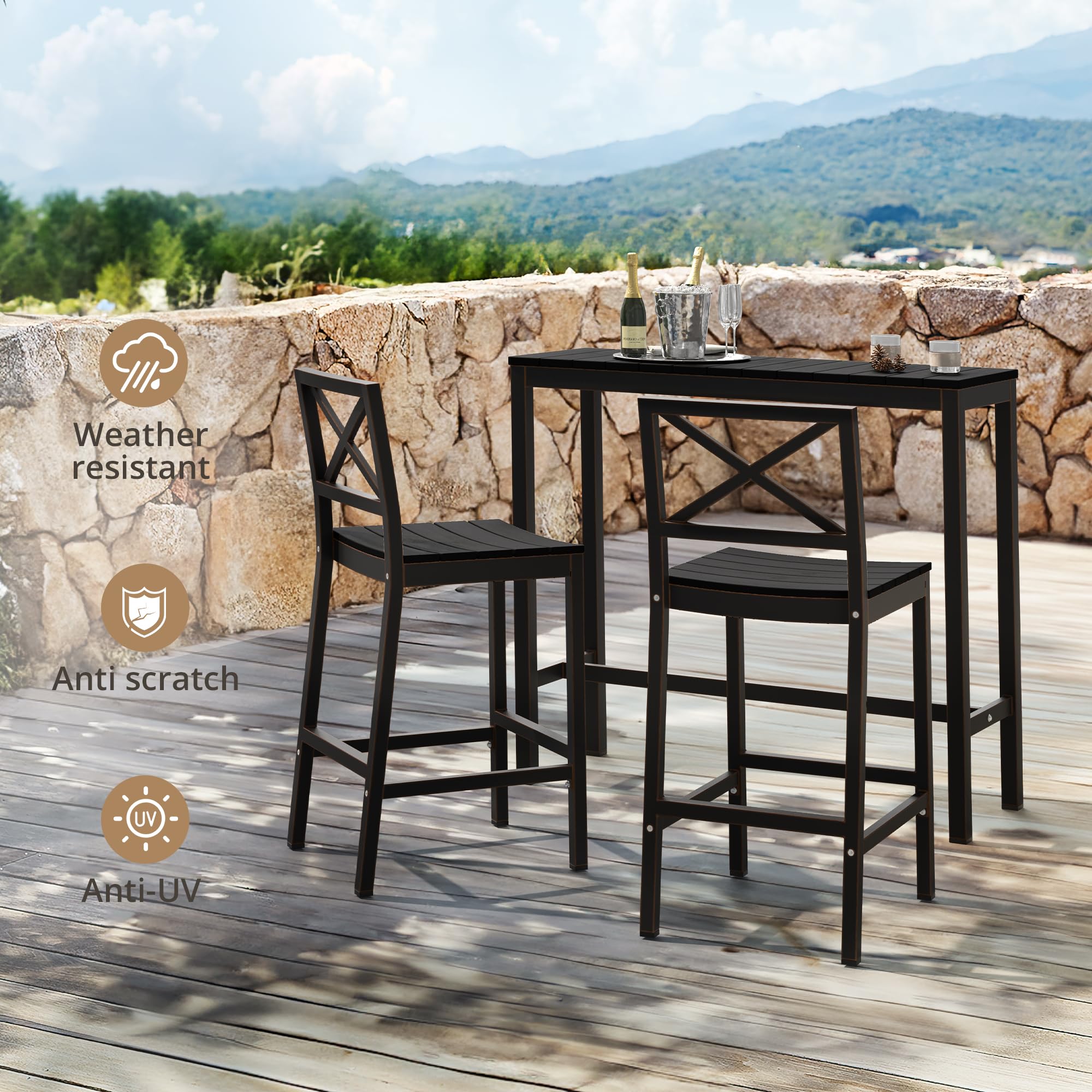 Outdoor Bar Height Table and Chairs Set - 3-Piece Black Patio Pub Set with 45