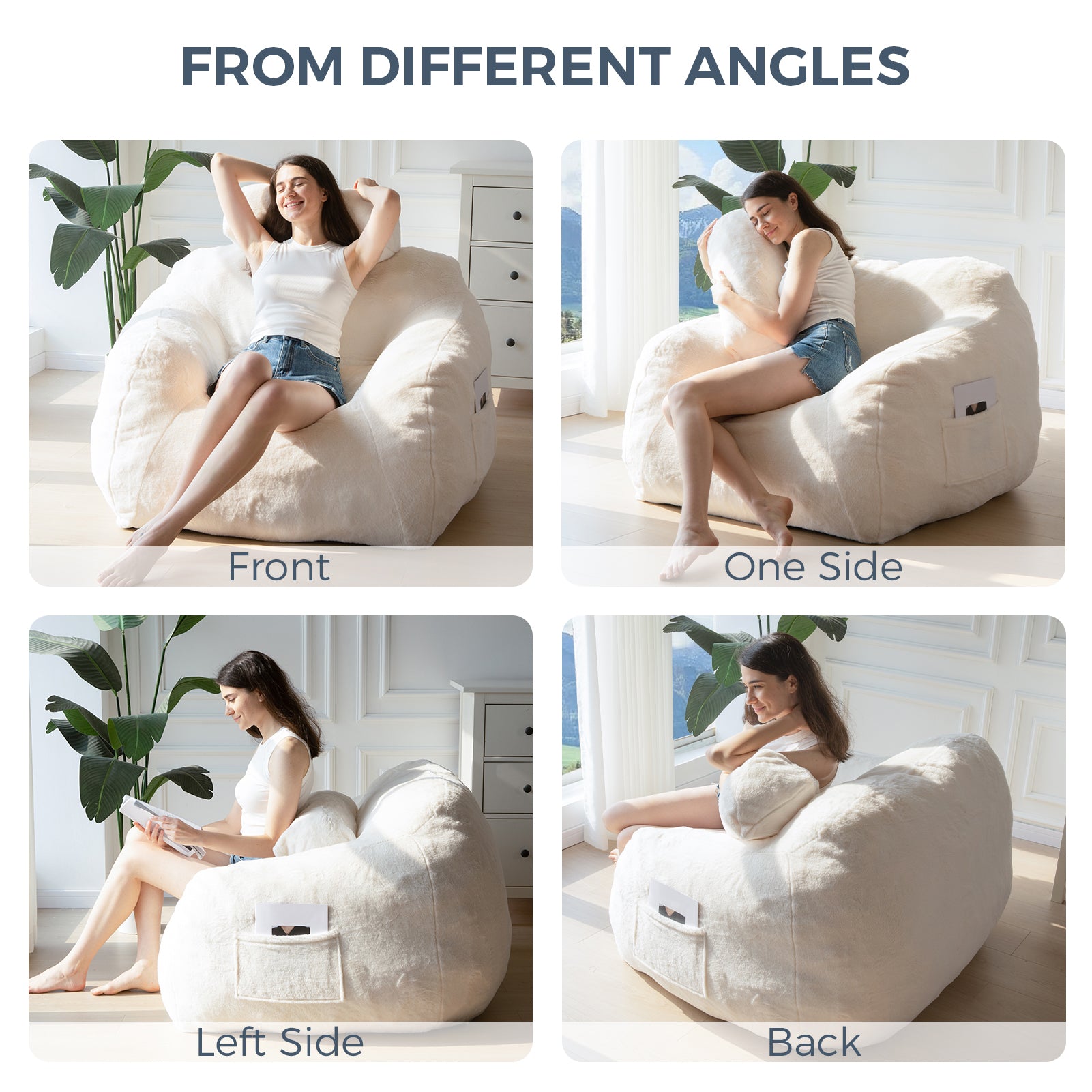 MAXYOYO Giant Bean Bag Chair with Pillow - Ultra Soft Faux Fur Fabric, Extra Large Fluffy Lounger for Adults & Teens - Perfect for Reading, Gaming & Relaxing in Bedroom, Living Room or Dorm - Beige