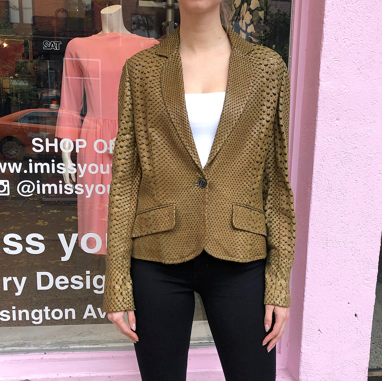 Christian Dior Olive Faux Python Perforated Leather Jacket for Women - Fashionable Designer Outerwear for Fall & Winter | Perfect for Parties, Date Nights & Special Occasions