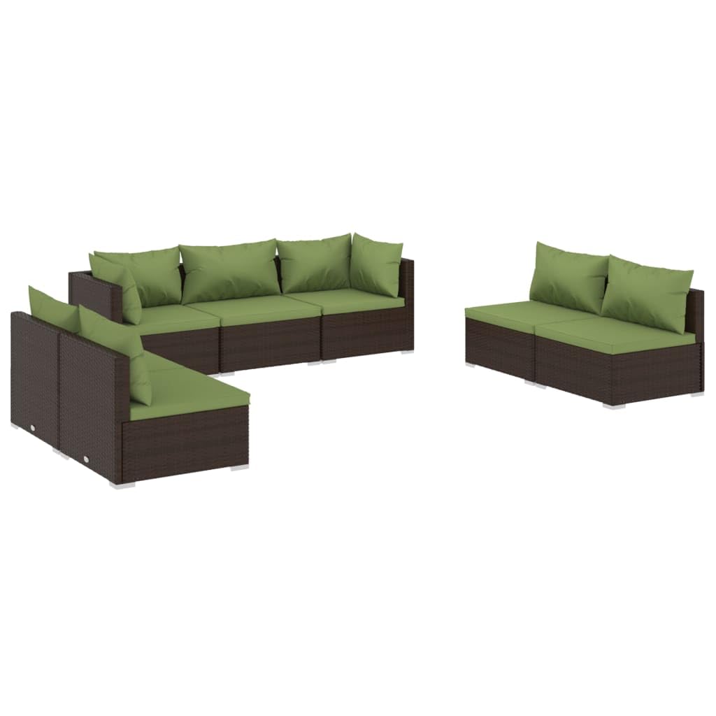 vidaXL 7-Piece Patio Lounge Set with Cushions - Water-Resistant PE Rattan Outdoor Furniture, Modular Design & Sturdy Steel Frame - Brown & Green - Perfect for Backyard, Poolside & Garden Relaxation