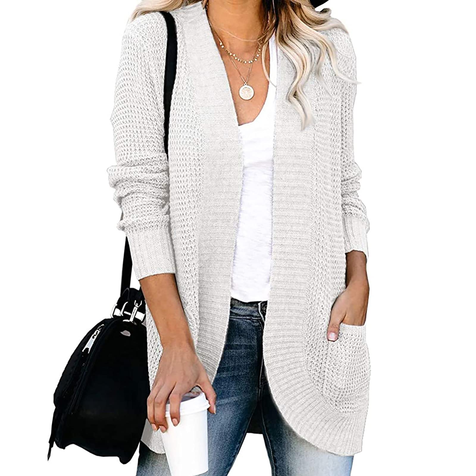 Women's Chunky Open Front Cardigan - Long Sleeve Loose Fit Knit Draped Sweater Waffle Knitted Long Cardigan Outwear for Casual Wear, Office & Fall Layering
