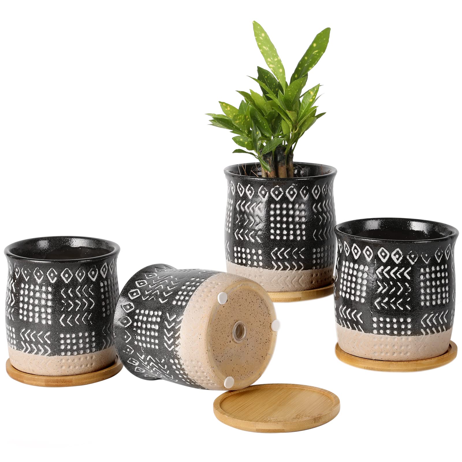 OMAYKEY 4 Inch Ceramic Plant Pots with Bamboo Tray - Set of 4, Retro Black Small Flower Pots with Drainage Hole & Mesh Pads for Succulents, Snake Plants, Cactus, Herbs, Aloe Vera - Perfect for Indoor Plants, Home Decor, Office Desk, Windowsill Gardening