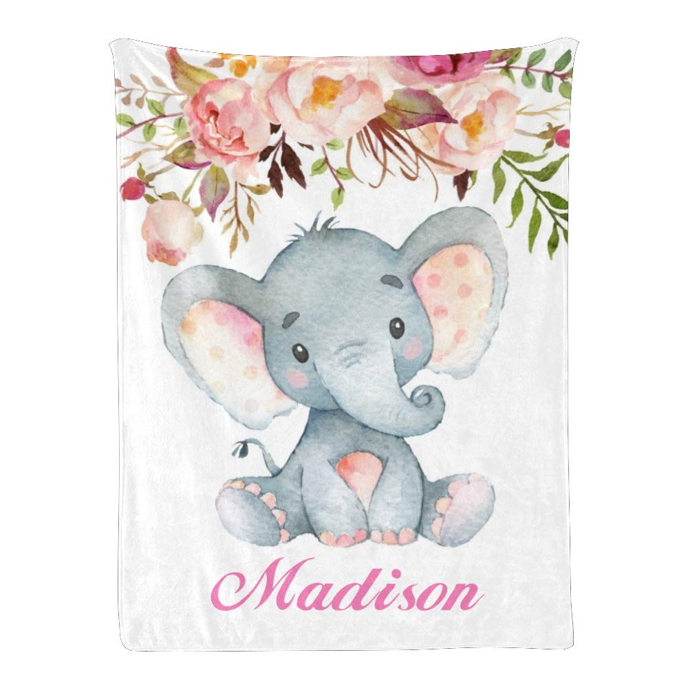 Personalized Kids Fleece Blanket with Name - Custom Elephant Floral Design Baby Throw Blanket 30