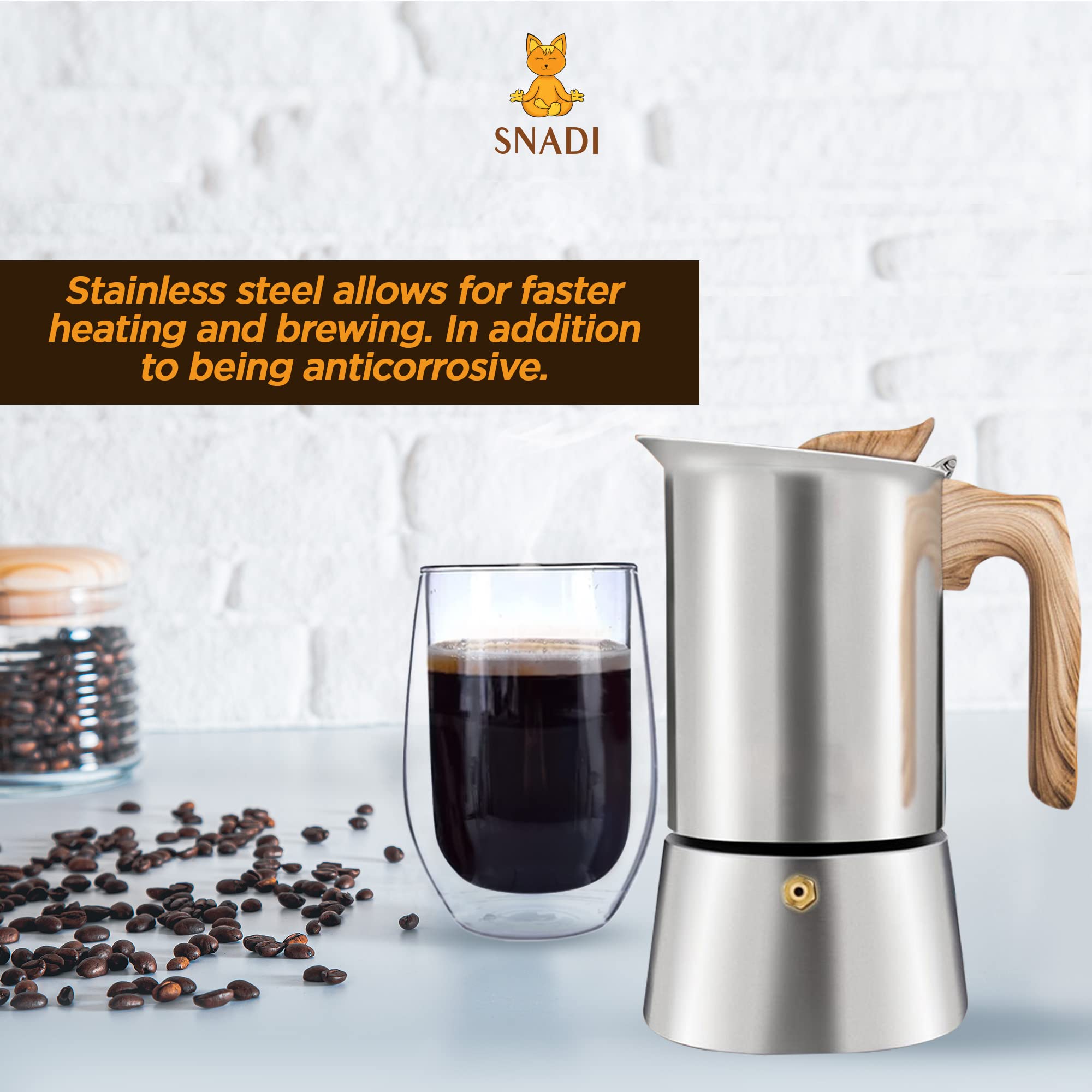 Stainless Steel Moka Pot Italian Coffee Maker - 4 Cup (200ml) Espresso Maker for Induction, Ceramic, Electric & Gas Stoves - Perfect for Home & Professional Kitchens, Camping & Office Use