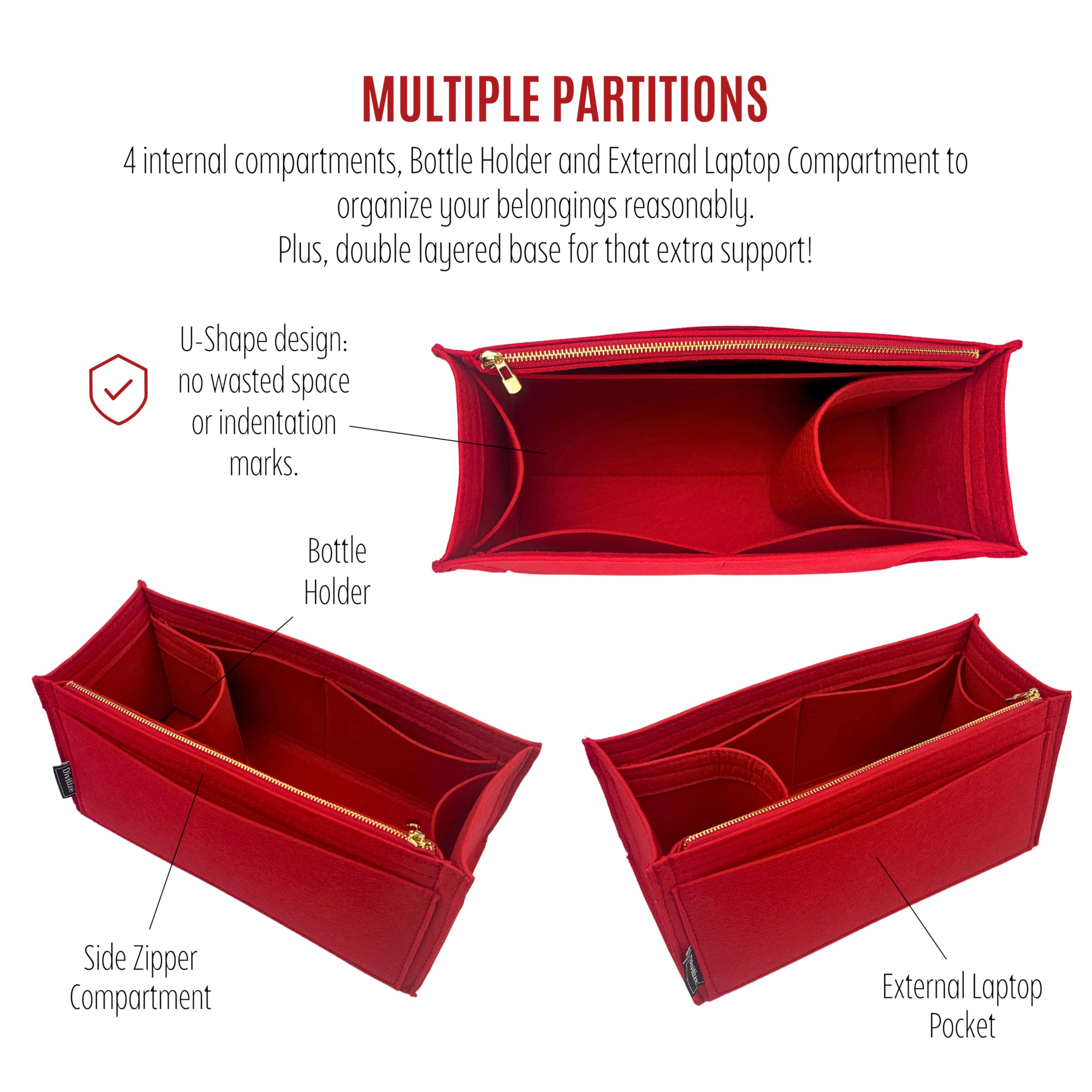 Premium Hardy PM Bag Organizer Insert - Handmade 2mm Thick Sturdy Felt Purse Organizer with Silver Zipper (Red) | Perfect for Travel, Work & Daily Essentials Storage