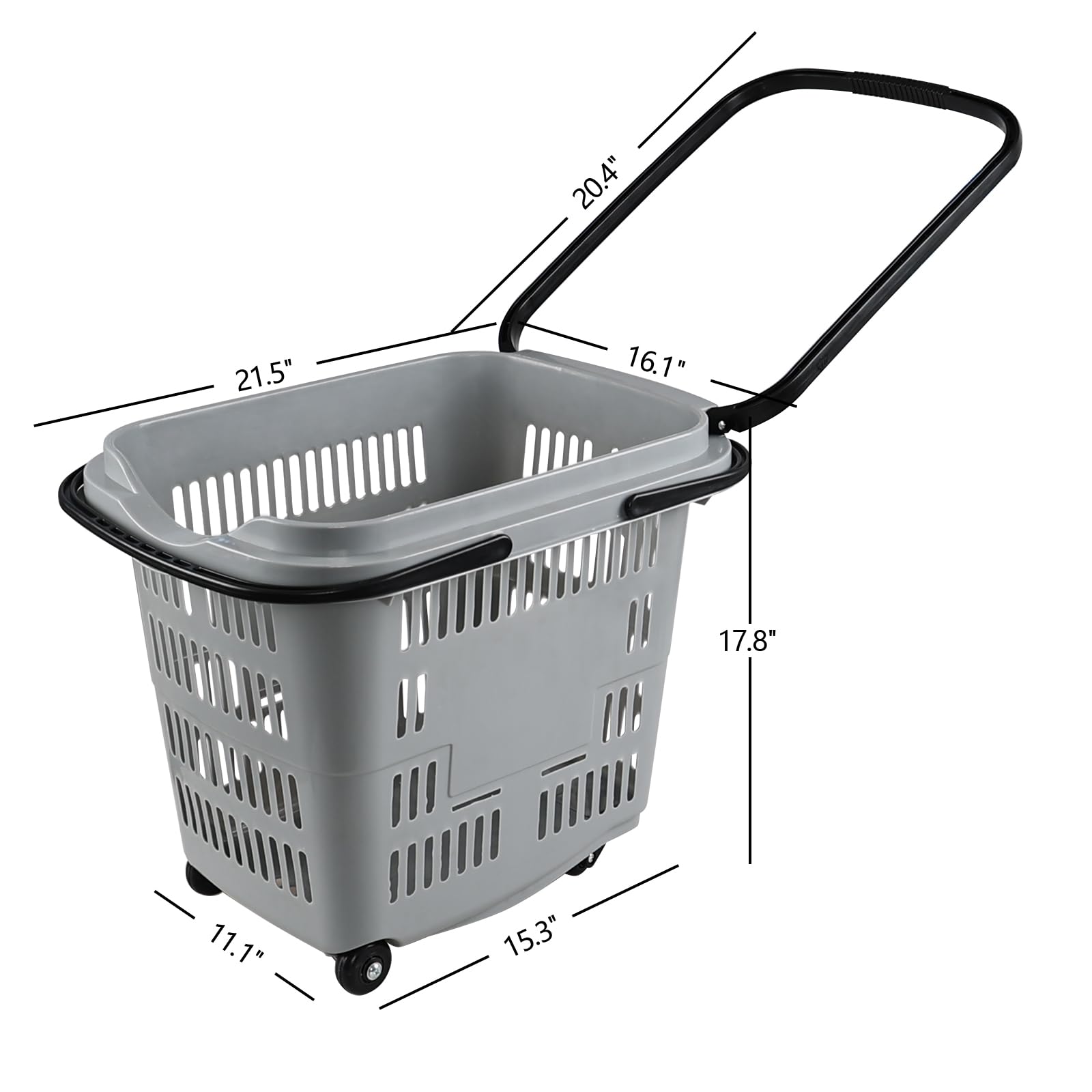 4 Pack 50L Rolling Shopping Basket with Wheels & Handles - Durable Plastic Grocery Cart for Supermarket, Warehouse, Retail Store - Grey (Ideal for Shopping, Storage & Home Organization)