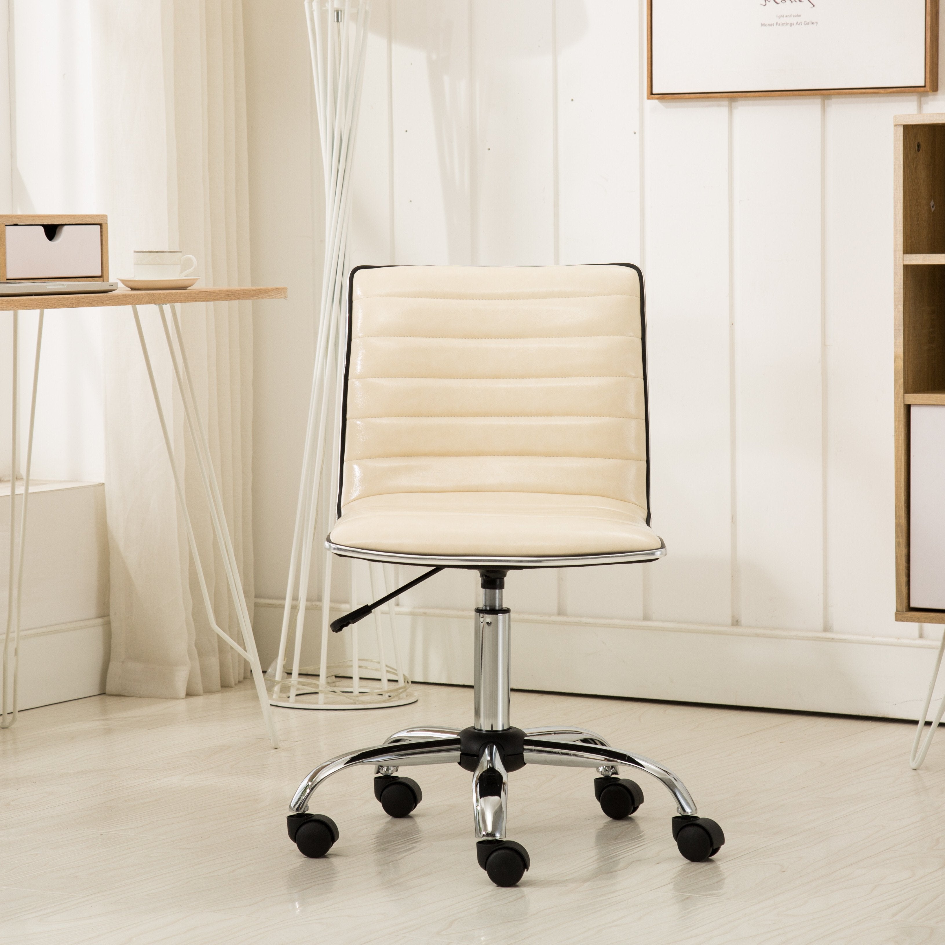 Roundhill Furniture Fremo Chromel Adjustable Air Lift Office Chair - Ergonomic Swivel Task Chair with Lumbar Support, Height Adjustable, Beige - Perfect for Home Office, Gaming & Workspace