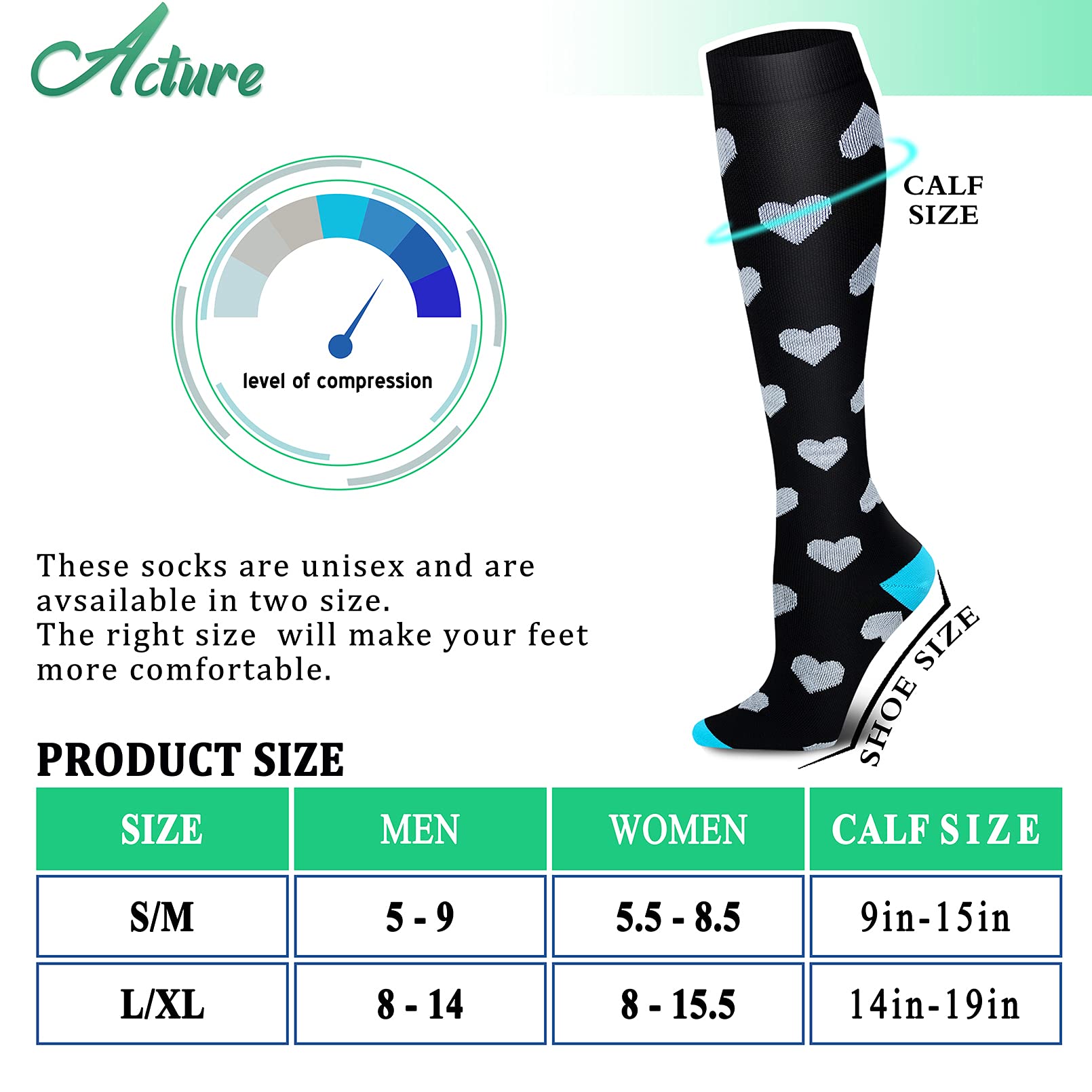 Acture 6 Pairs Compression Socks for Men & Women - 15-20mmHg Graduated Support Socks for Running, Sports, Medical, Pregnancy & Travel - Improve Circulation & Reduce Swelling (Great for Nurses, Athletes & Frequent Flyers)
