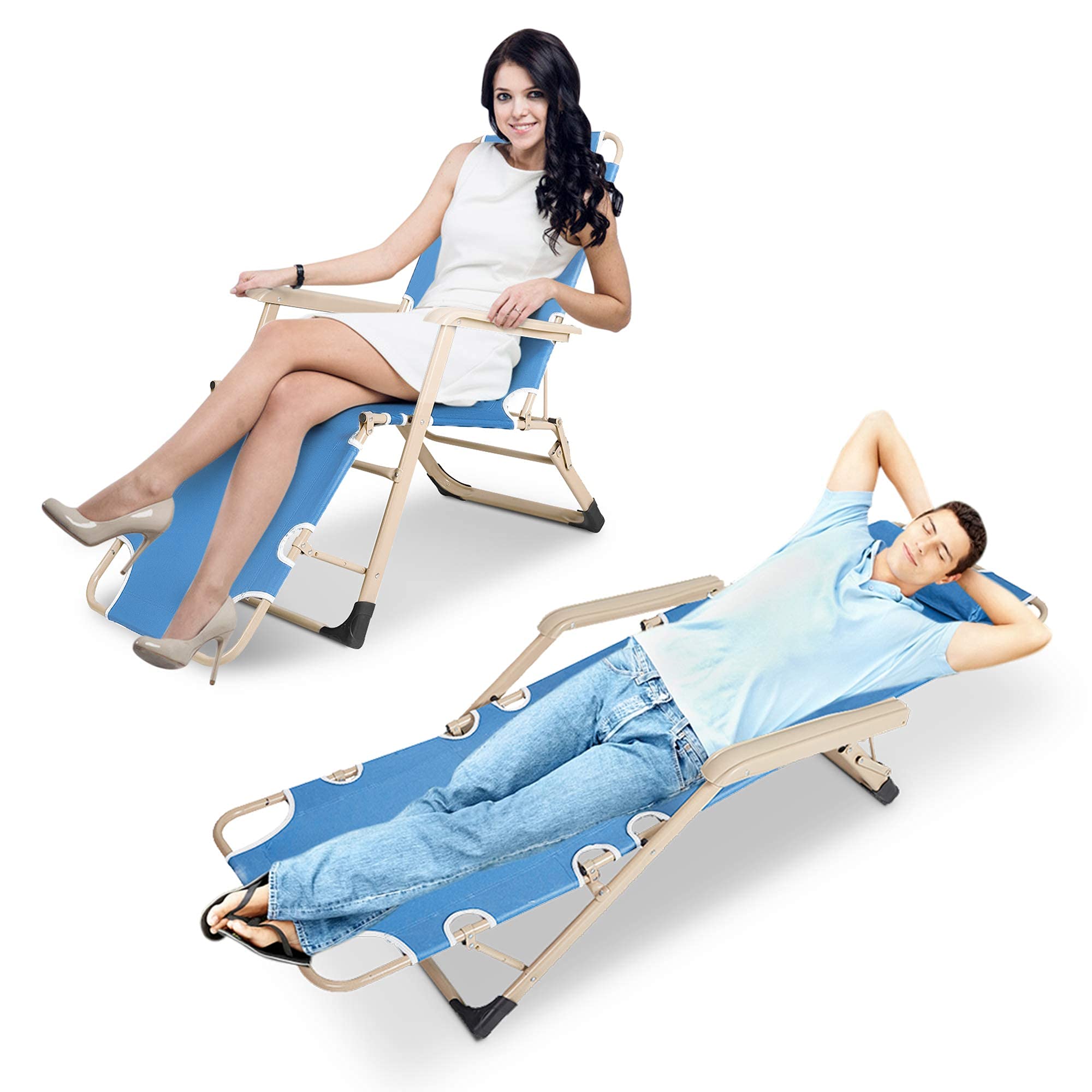 4 Pack Outdoor Chaise Lounge Chairs - Lightweight Folding Recliners with Removable Adjustable Pillow, Patio Poolside Sunbathing Chairs for Backyard, Beach & Garden - Blue