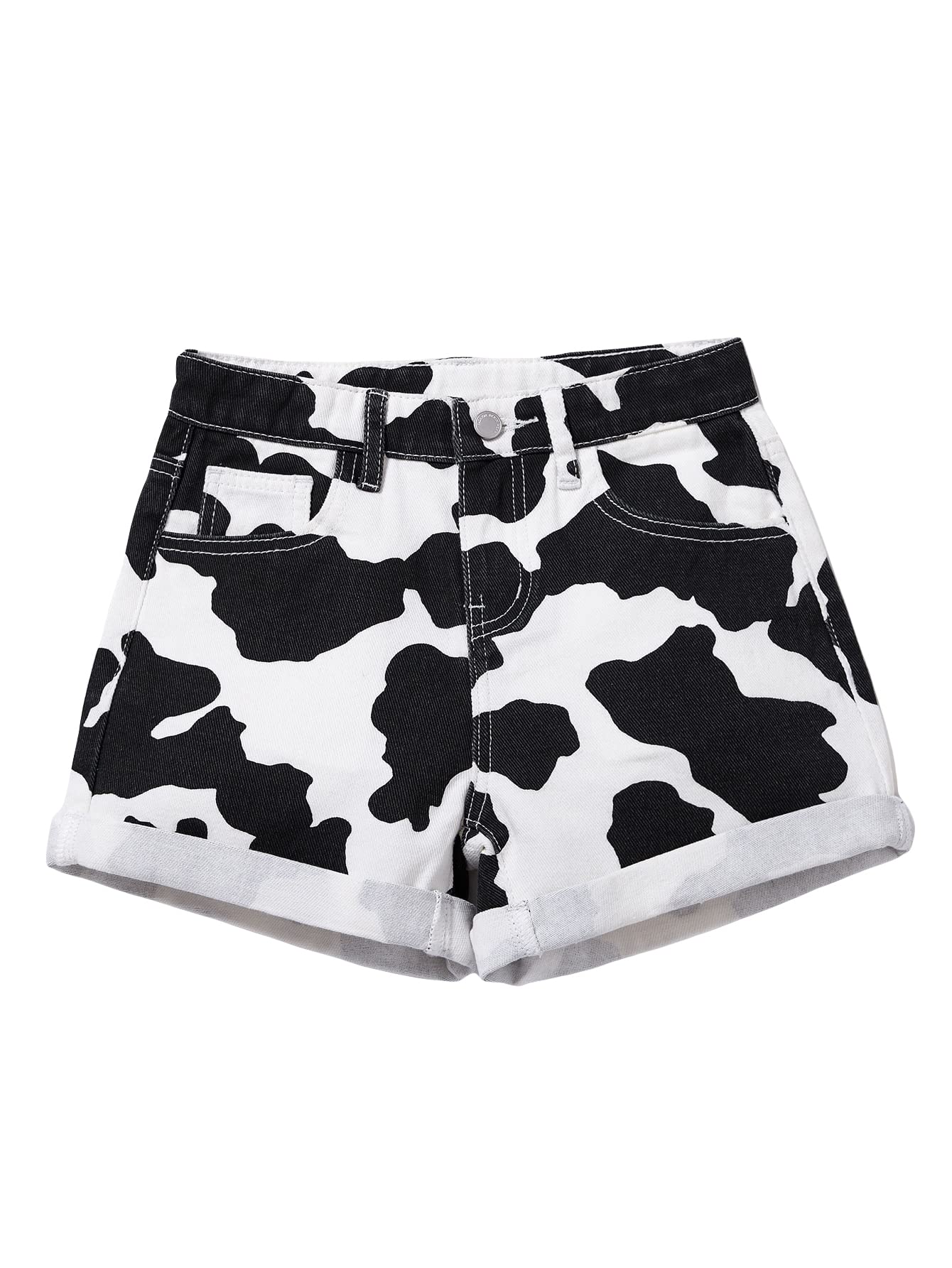 OYOANGLE Girls' Cow Print High Waist Denim Shorts - Wide Leg Straight Fit with Roll Up Hem | Trendy Casual Outfits for Summer, Streetwear & Teen Fashion