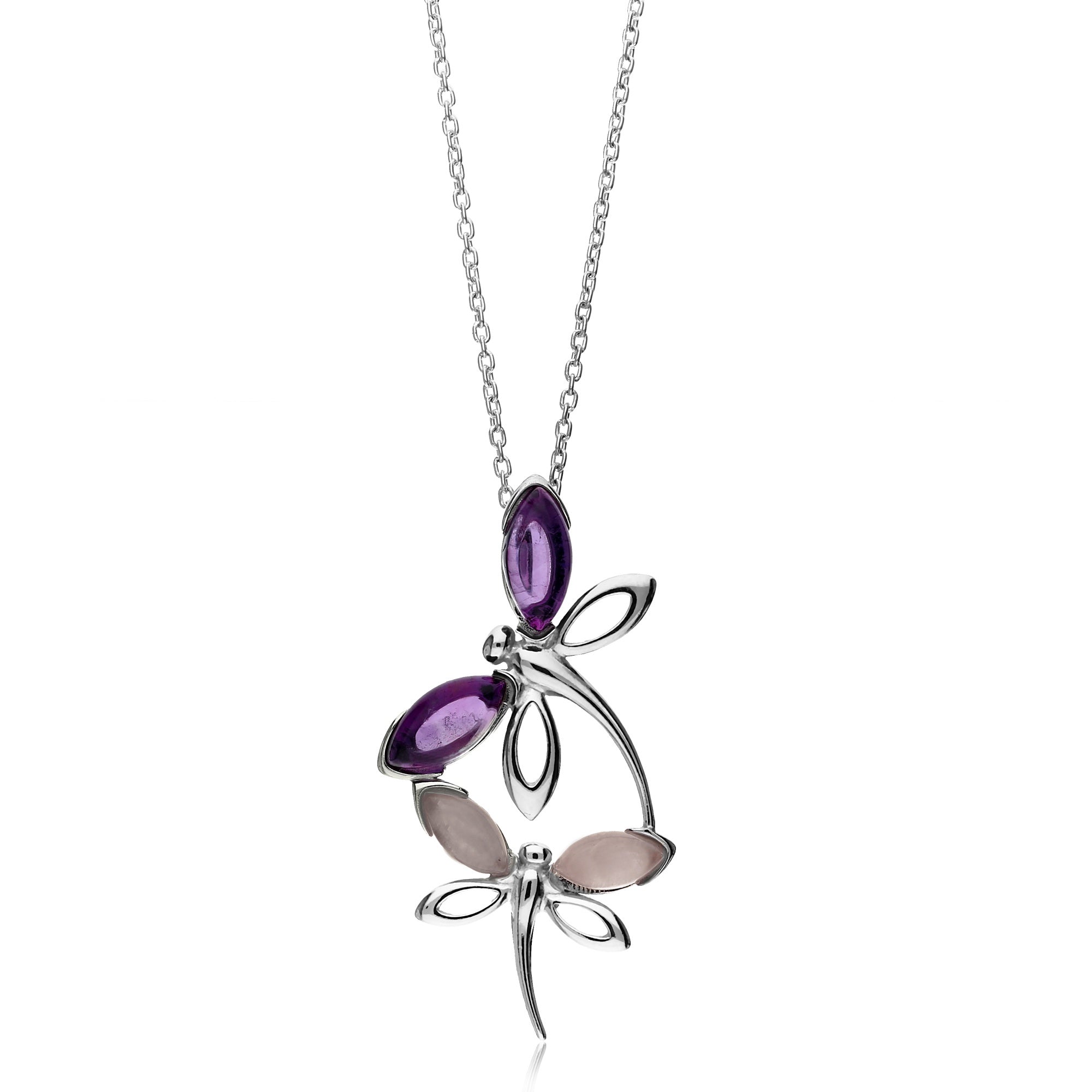 925 Sterling Silver Rose Quartz & Amethyst Dragonfly Pendant Necklace - Elegant Jewelry for Women, Gift for Her, Birthday & Anniversary Present - Perfect for Everyday Wear & Special Occasions